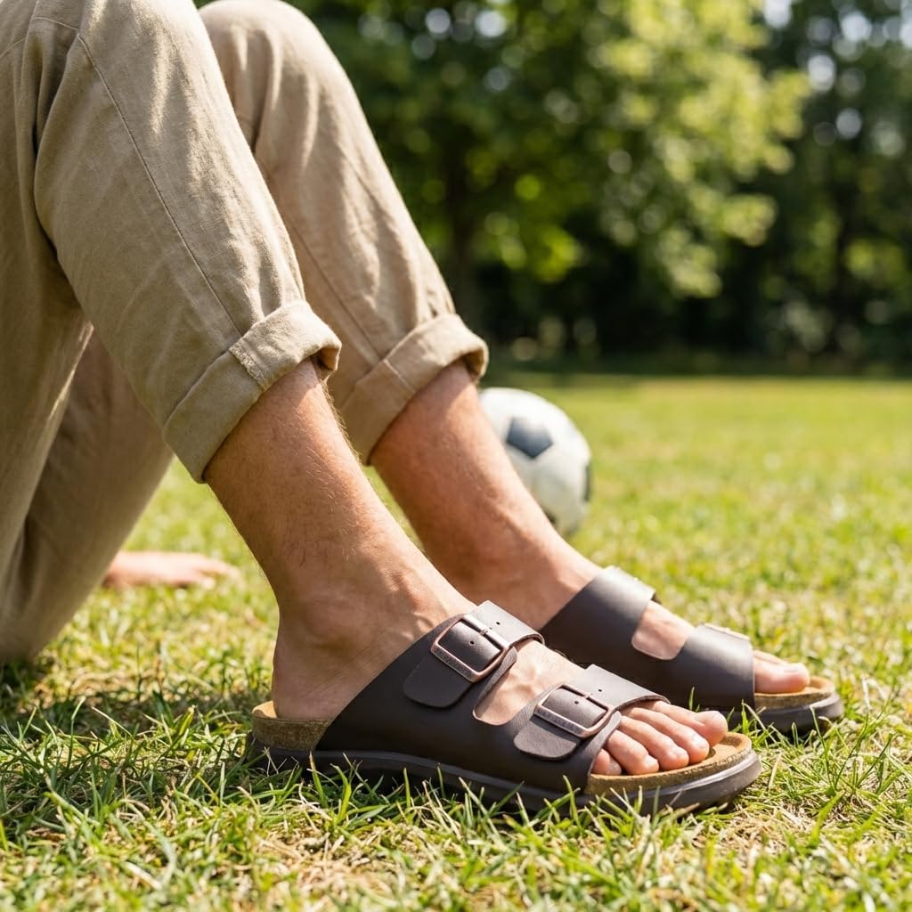 CUSHIONAIRE Mars Slide Sandals for Men, Comfortable Adjustable Double Buckle Mens Sandals with Arch Support Footbed and EVA Outsole