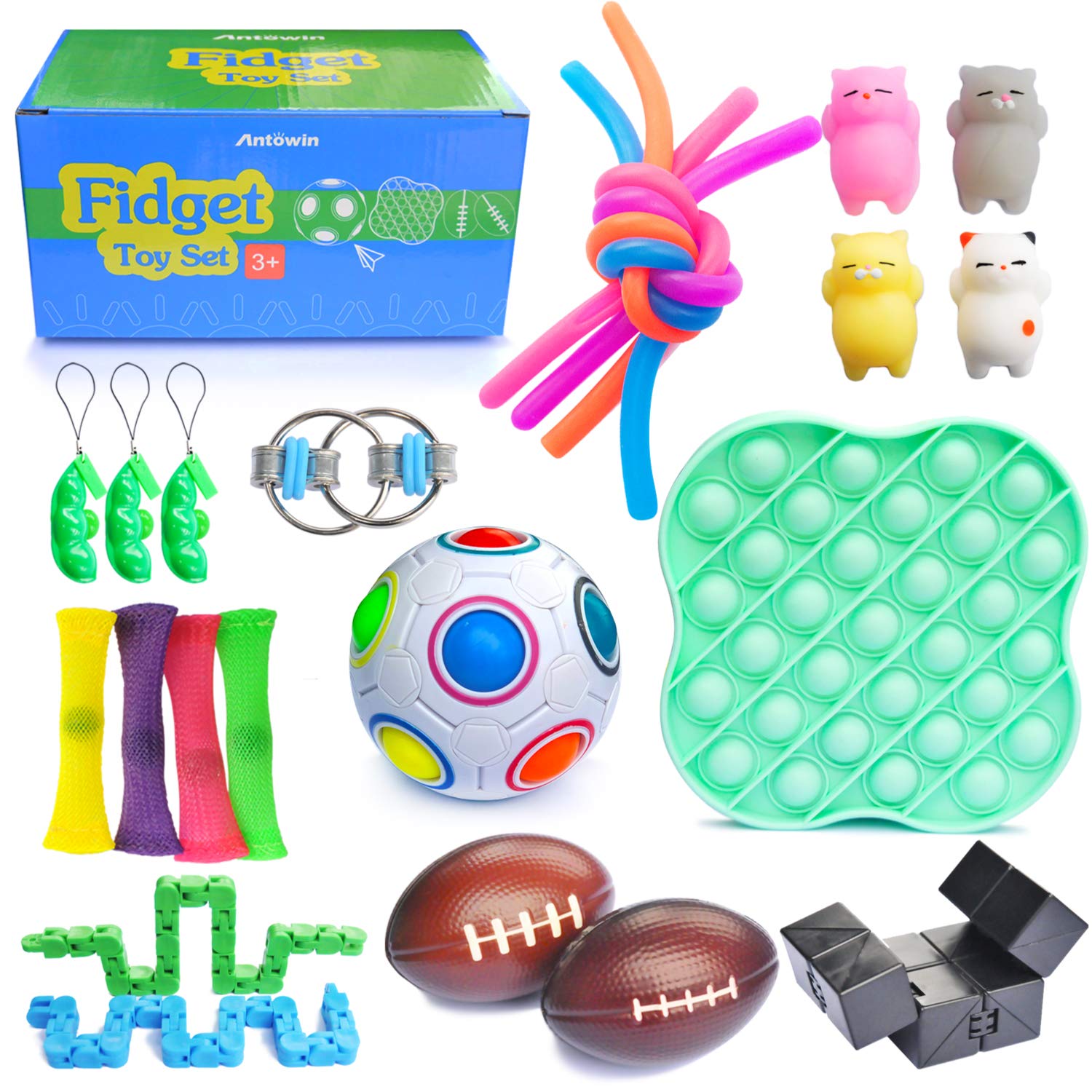 ANTOWIN Fidget Toys Set (24 Pack), Stress Relief and Anti-Anxiety Tools Bundle for Kids and Adults, Marble and Mesh, Pack of Squeeze Balls, Soybean Squeeze, Flippy Chain, Infinity Cube