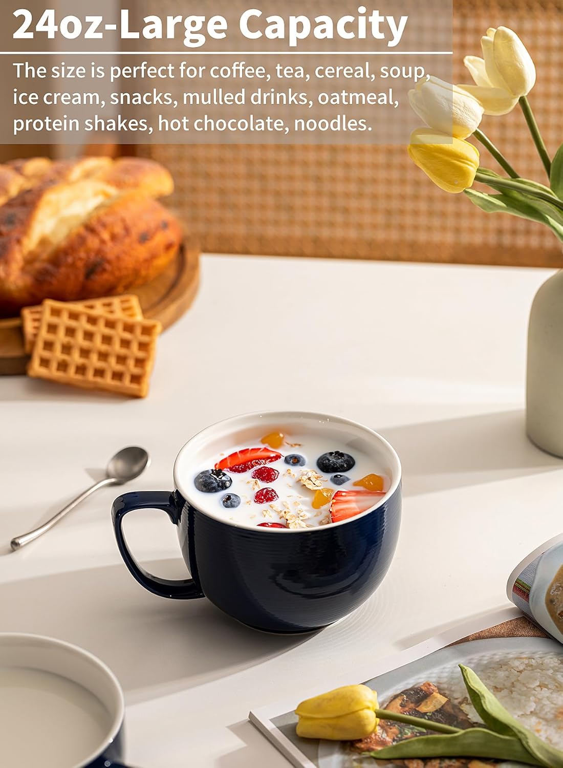 Teocera Porcelain Coffee Mugs, Soup Mugs Bowls with Handle, 24 oz Latte Mugs Set of 4 - Striped Design, Navy - Image 5