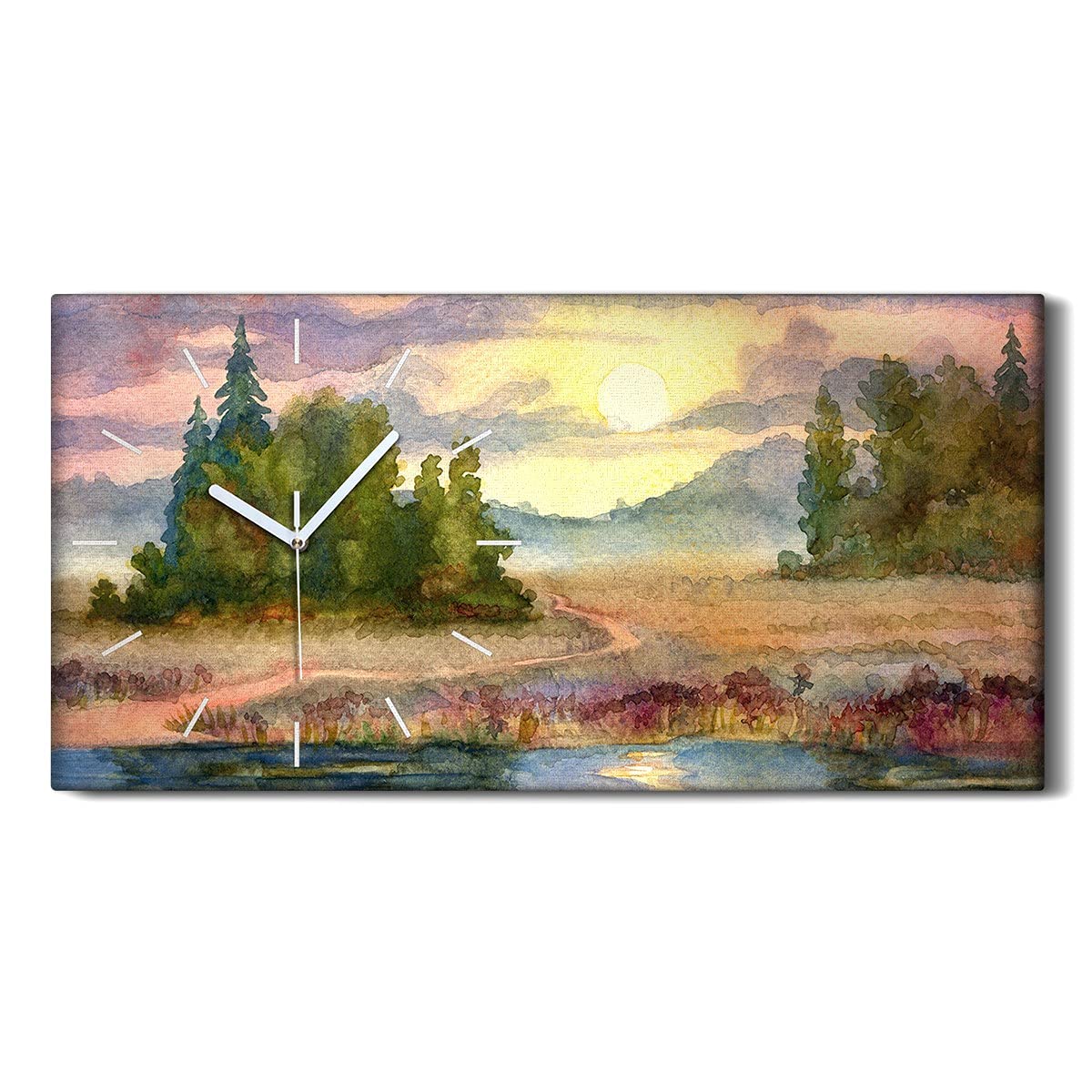 Horloge sur Toile Aquarelle d'arbres Ciel 60x30cm - Cadran Silencieux pour Salon