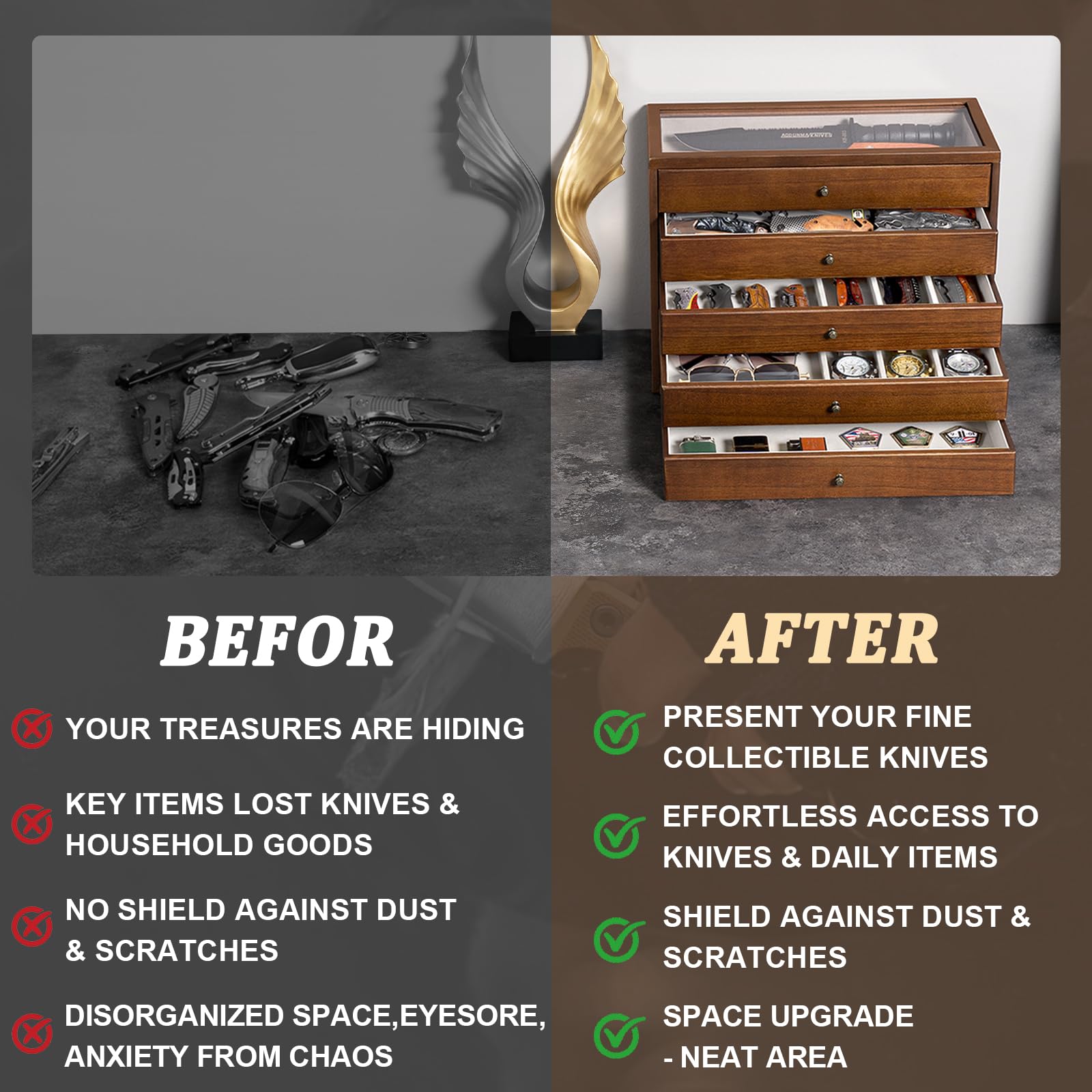 5 Étages Présentoir à Couteaux, Grande Vitrine à Couteaux pour Plusieurs Couteauxs Pliants, Vertical Coffret Poignard avec Tiroir, Support à Couteauxs en Bois pour Collections, Cadeau (Noyer)