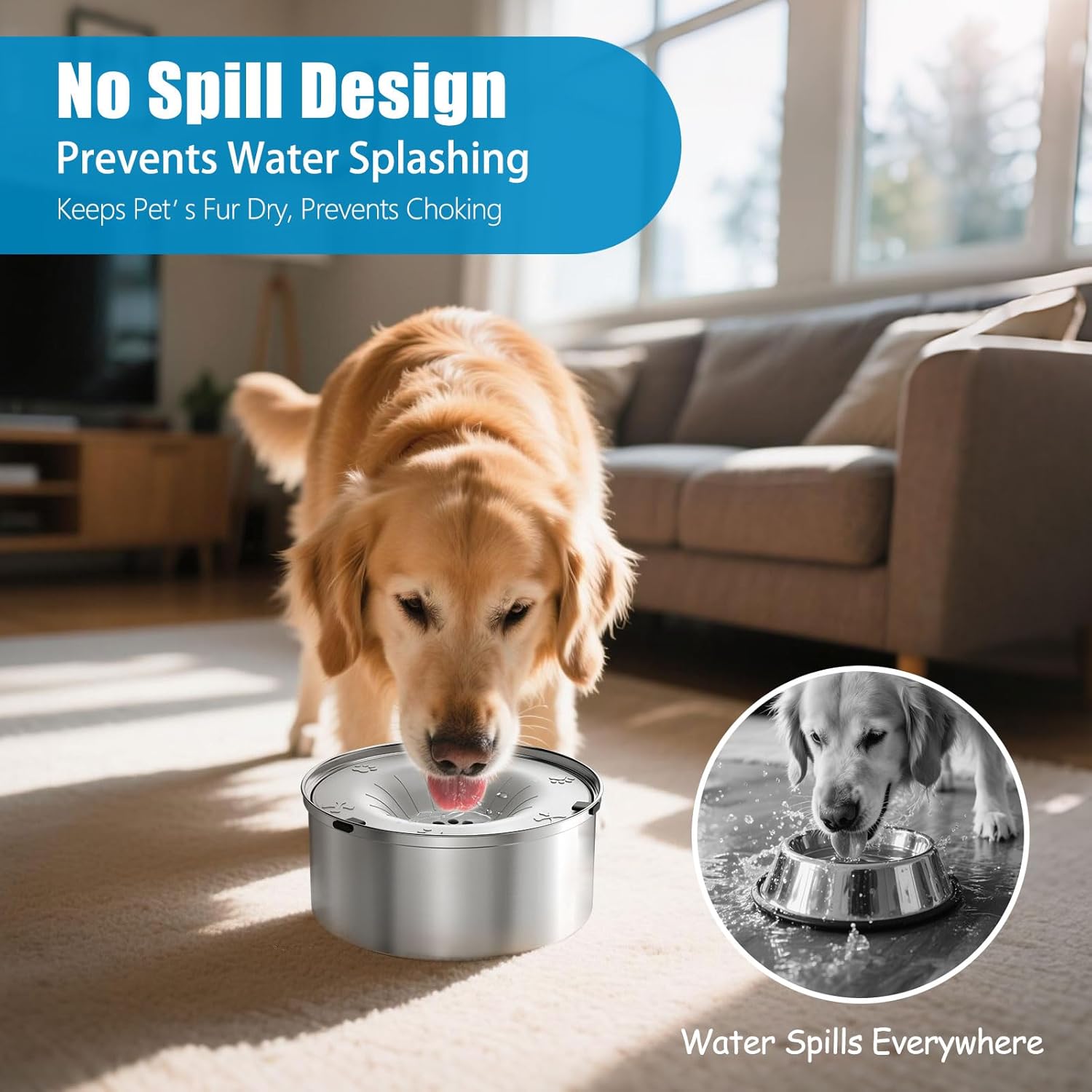 SCHITEC Dog Water Bowl No Spill 3L/0.8 Gallon Slow Drinking Anti-Splash Stainless Steel Dog Bowl with Floating Disk, Spill Proof Pet Travel Water Dispenser for Sloppy Messy Drinkers(Light Gray)