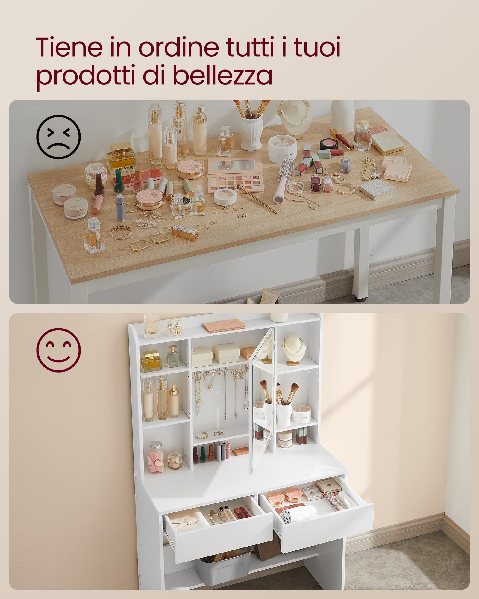 VASAGLE KAILYN Collezione - Toeletta con Luci LED 3 Colori con Luminosità Regolabile, Tavolo da Trucco con Specchio, Ripiani Regolabili, 2 Cassetti, Postazione Trucco, Bianco RDT123WB01