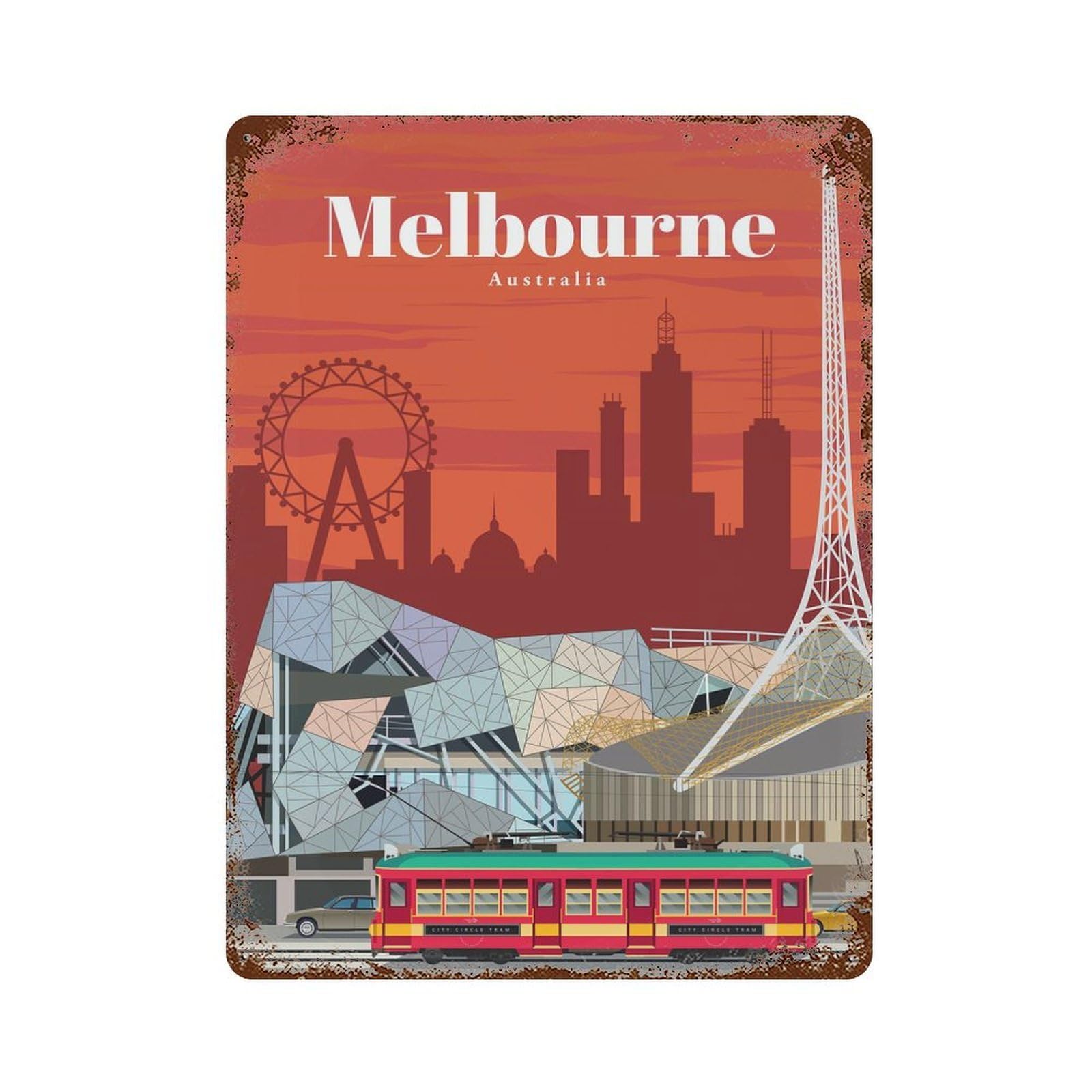 Traveling to Melbourne Decorative Tin Sign 15.7"x11.8", Retro Wall Decor for Basement, Hobby Room And Garage Decor