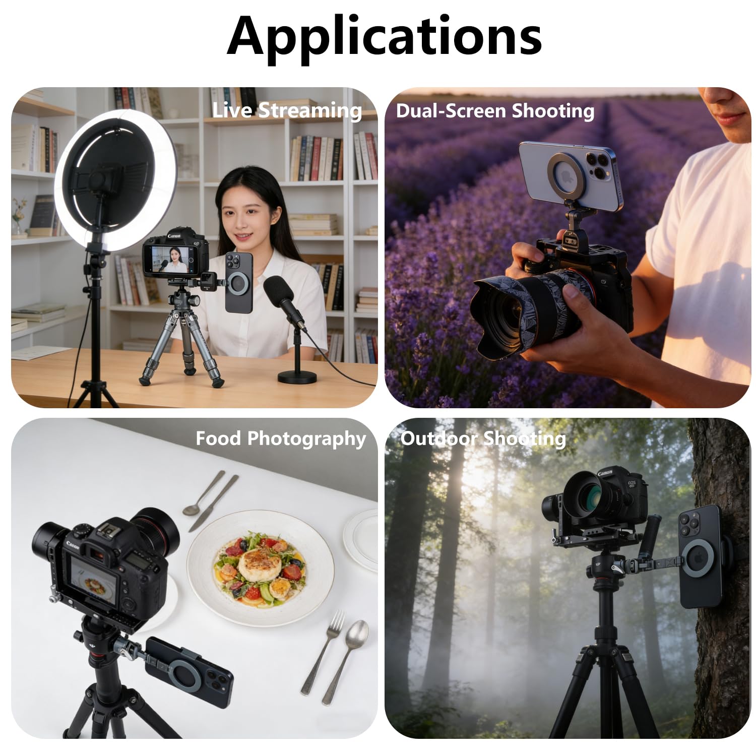 Support Magnétique pour Téléphone Magic Arm avec Plusieurs Trous de vis 1/4’’ pour Le Montage de Plusieurs Appareils, Convient à la Plupart des Téléphones