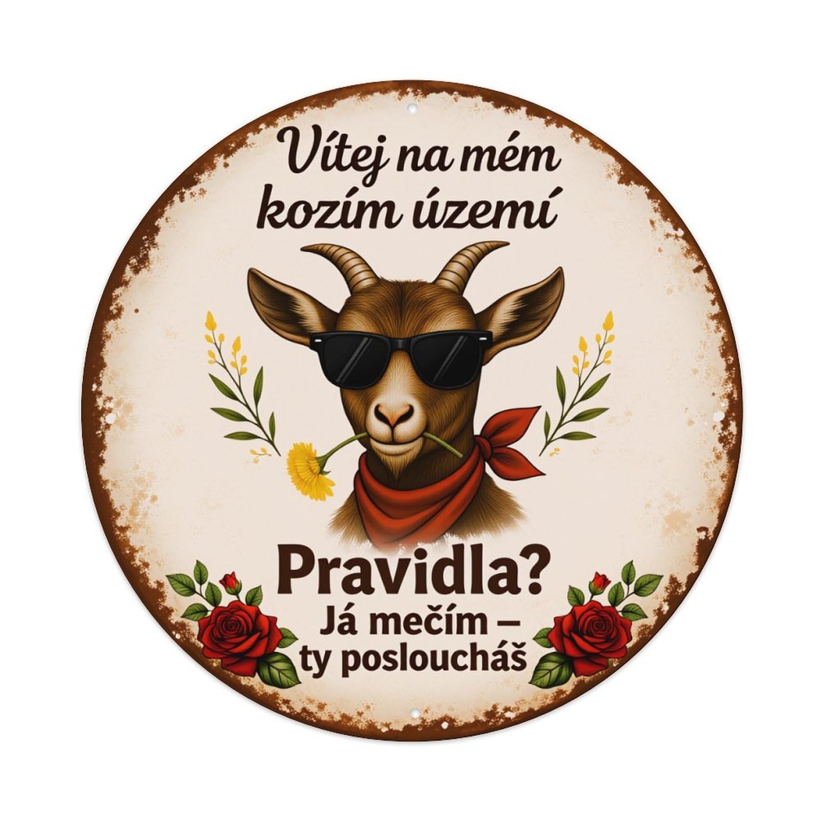 Goat With Sunglasses And Bandana Red Roses Round Vintage Tin Sign,Retro Wall Art,Metal Poster for Home, Bar, Garage, Cafe, Rustic Indoor & Outdoor Decor, 8x8 Inches