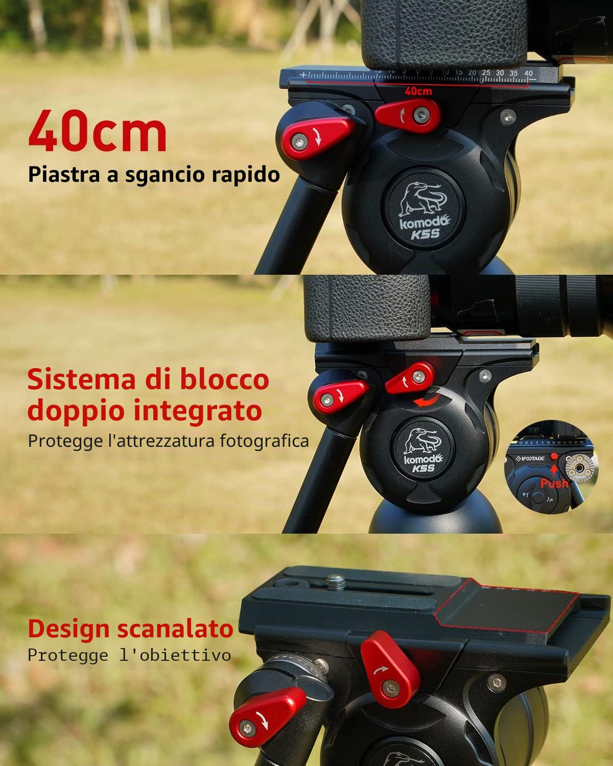 IFOOTAGE Komodo K5S, Testa Treppiede Video per Fotografia, Testa Panoramica Fluid Drag in Alluminio, Testa Leggera per Treppiede con Piastra a Sgancio Rapido, per Fotocamera DSLR, Videocamera