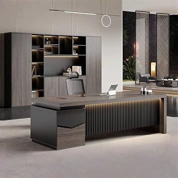 Modern Executive Office Desk, Brown Wood Executive Desk with Drawers LED Lighting & Thickened Tabletop Business Workstation Set for CEO, Boss, Owners