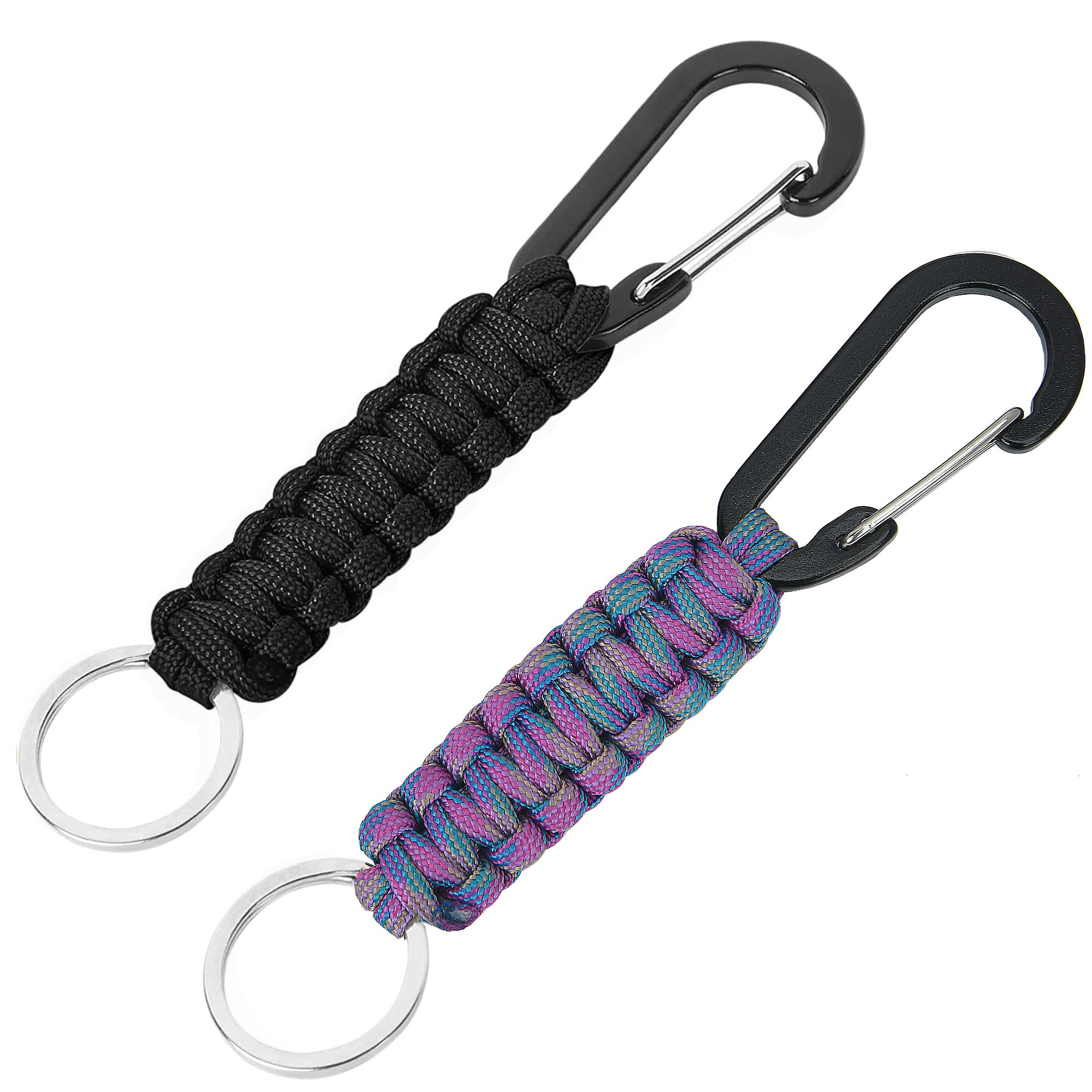 AWSMORE 2 Pieces Paracord Keychain with Carabiner,Lanyard Clip for Keys Water Bottle Holder Backpack(Black + Blue Purple)