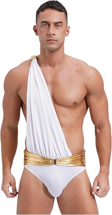 Mens Ancient Greek Roman Cosplay Costumes One Shoulder Toga Bodysuit for Cupid Halloween