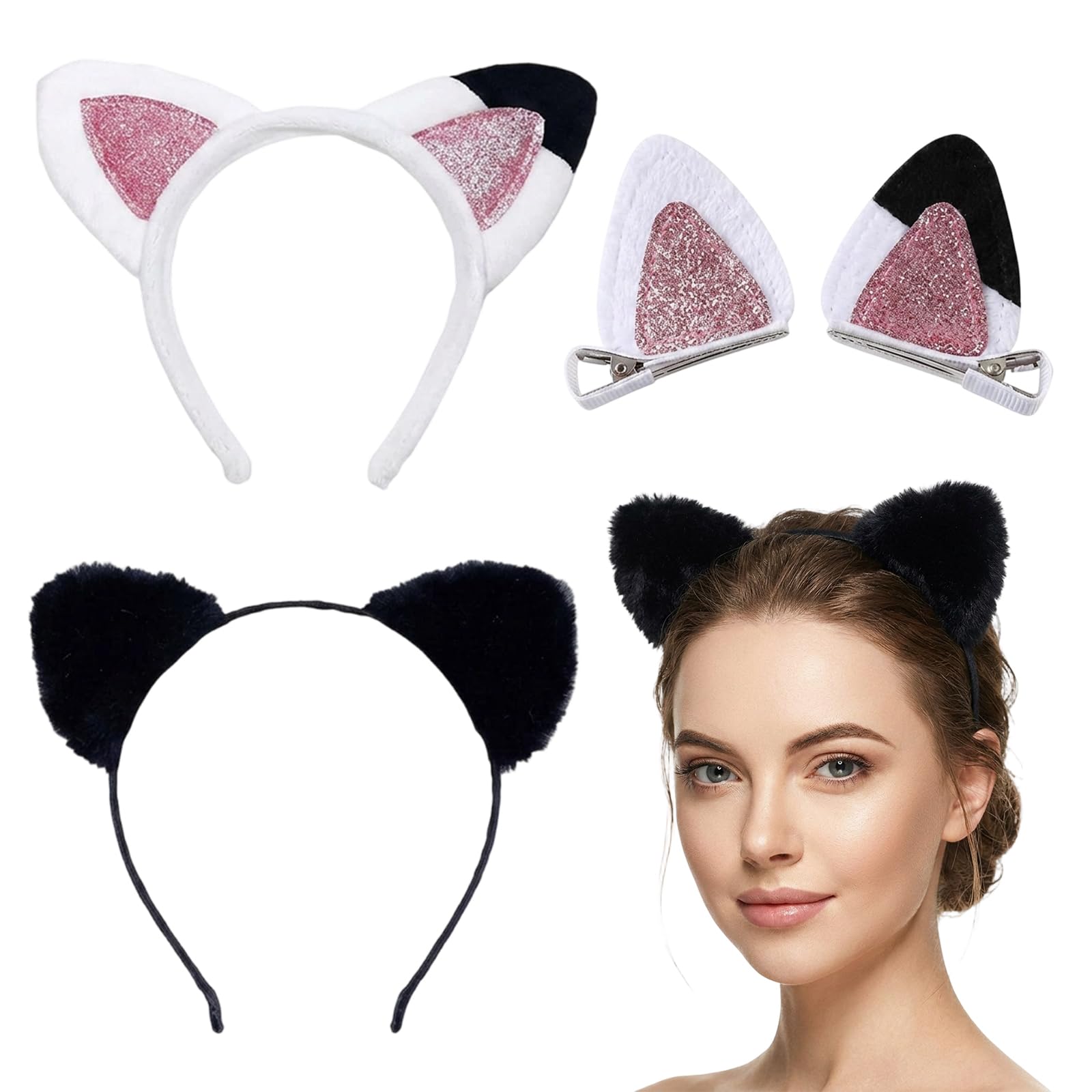 BeoTnp 3 Pack Cat Ears Headband, Elegant Animal Ear Hair, Cat Ears Set Includes White Headband, Black Headband, Cat Ear Hair Clip,School Events, Themed Fancy Dress Occasions