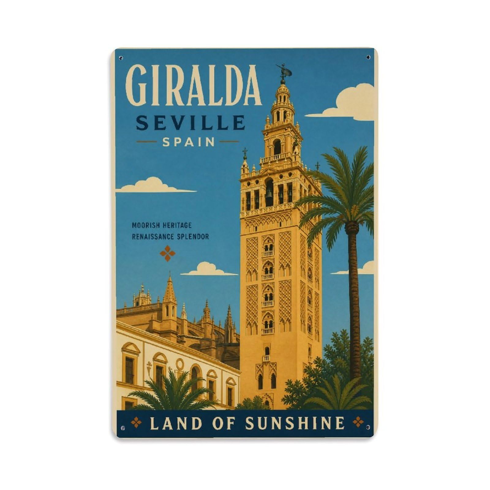 Huiyhb 8X12inch(20X30cm) Vintage Travel Giralda Tower Seville Cathedral Minaret Metal Tin Sign