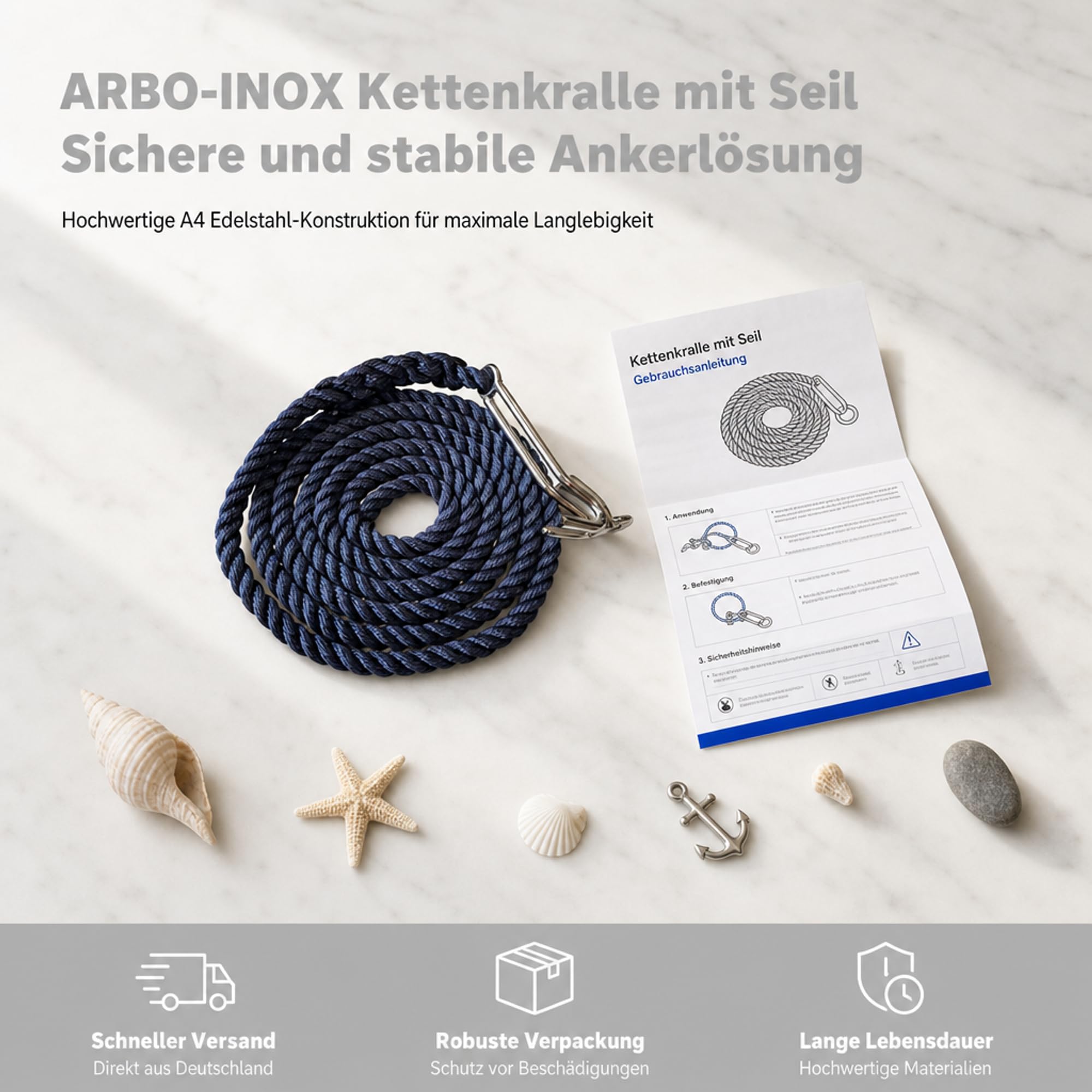 ARBO-INOX Kettenkralle mit Seil Edelstahl
