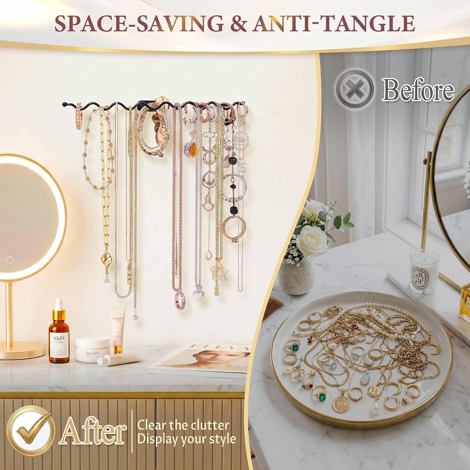 Jewelry Holder Organizer Wall: 12" Wavy Necklace Storage Rack, Anti-Scratch
