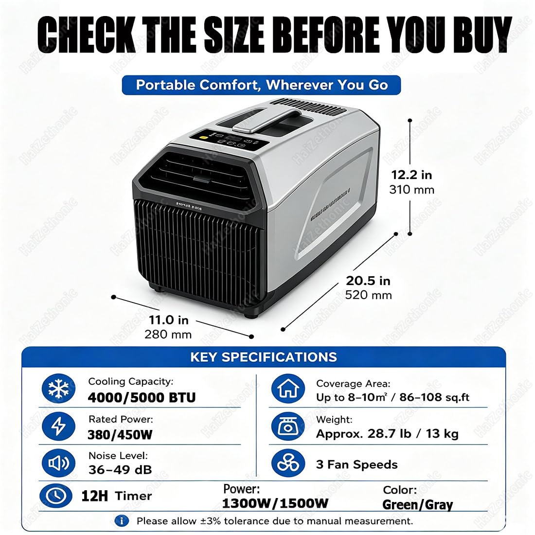 Aire Acondicionado Portátil,Bajo Consumo 380w/450w 1500W-Grey