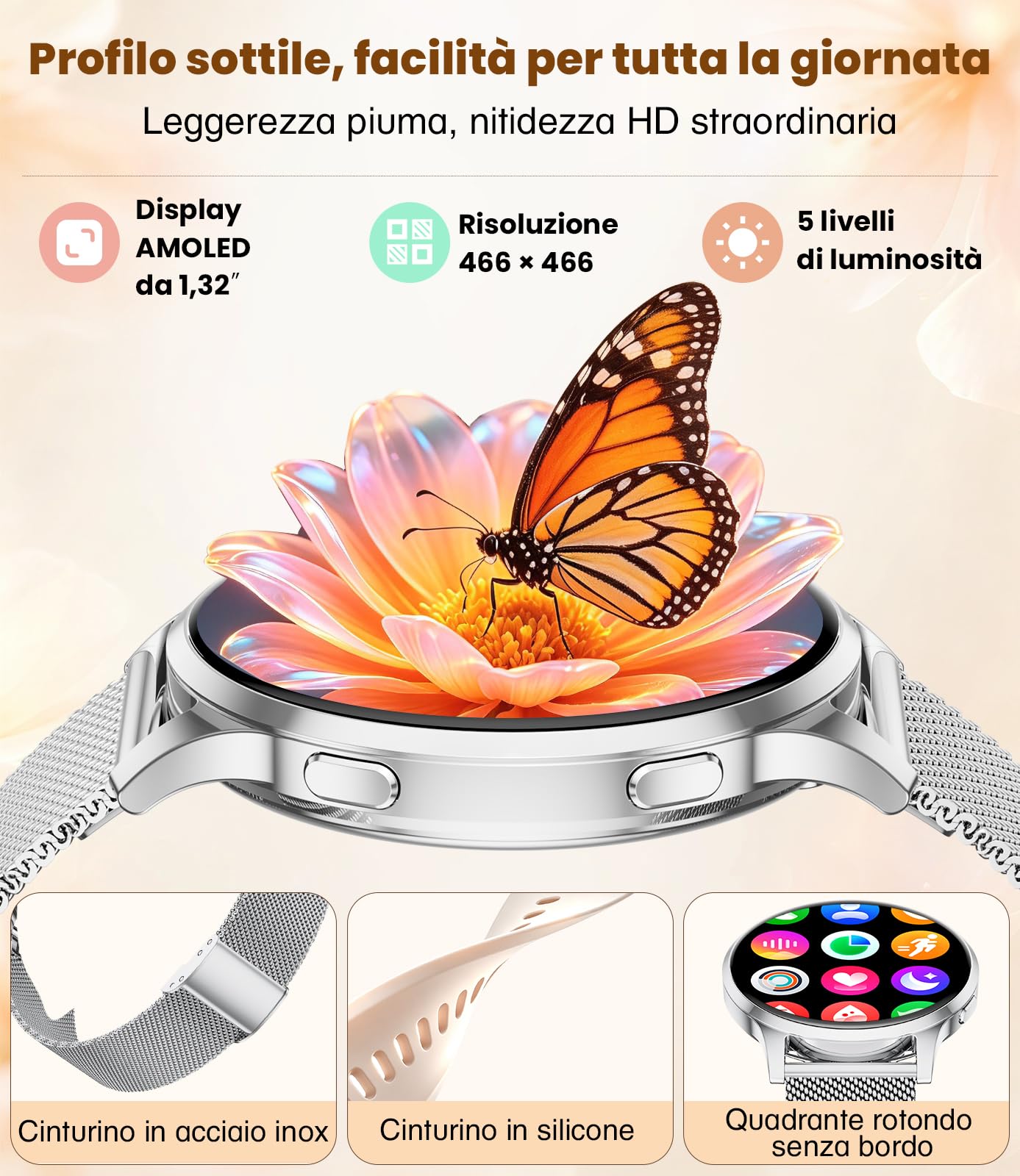 FITFLEX Smartwatch Donna, Display HD da 1,32 Pollici, IP68, Argento