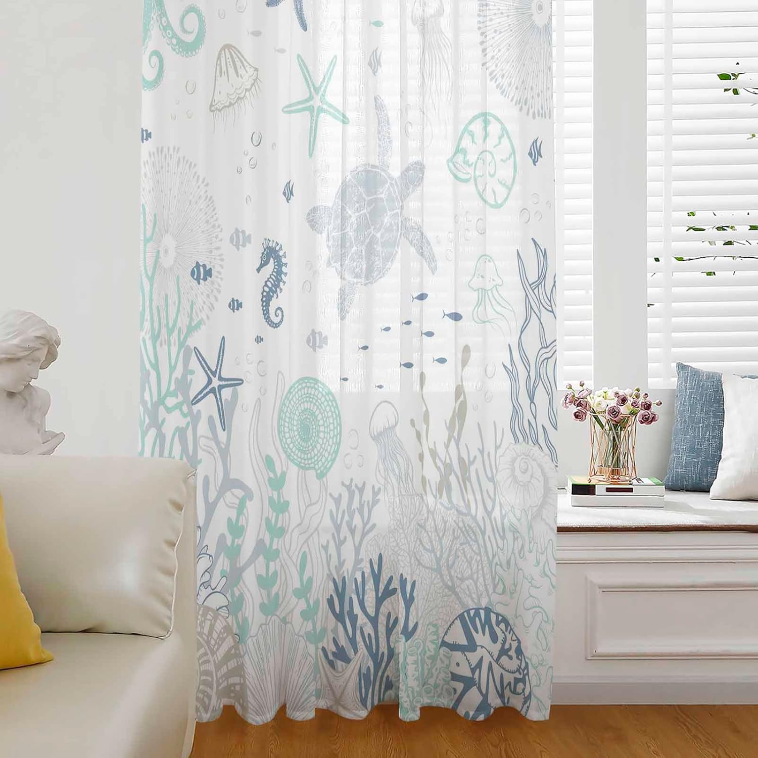 Aqua White Turtle Window Curtains 96 Inches Long,Semi Sheer Rod Pocket Chiffon Curtains & Drapes Drapery Voile Window Treatment for Living Room/Bedroom/Kitchen,Summer Ocean Coral Seaweed Jellyfish