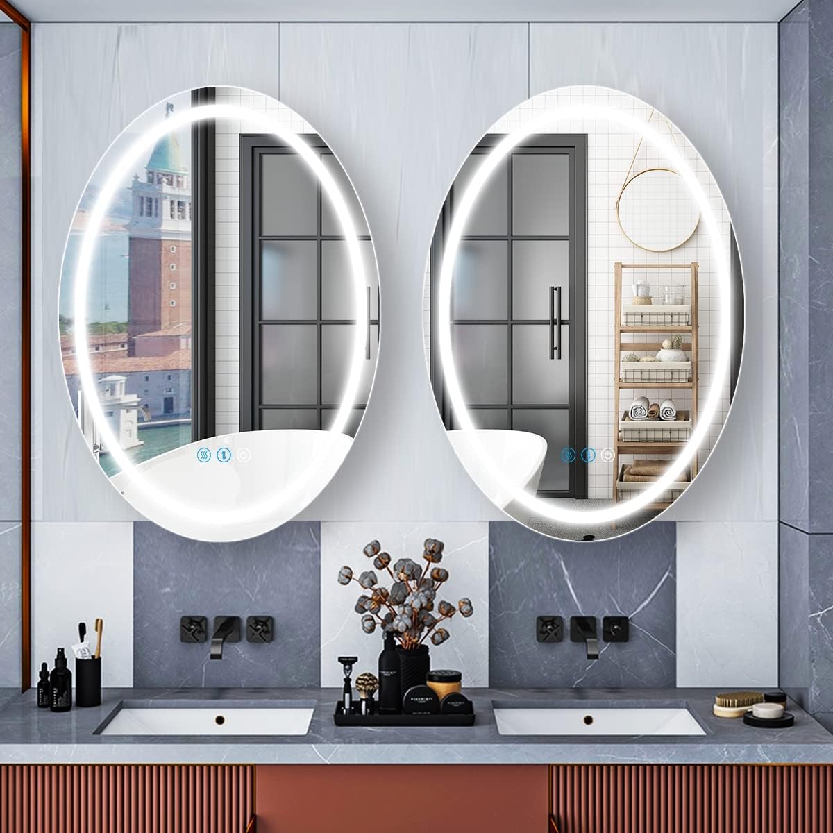 32 x 24 Inch Oval Lighted Vanity Mirror with Lights Anti-Fog Smart Memory 3 Color Adjustable Brightness FrontLit 32" Oval Lighted Mirror for Bathroom Wall LED Ovals Mirrors with Lights