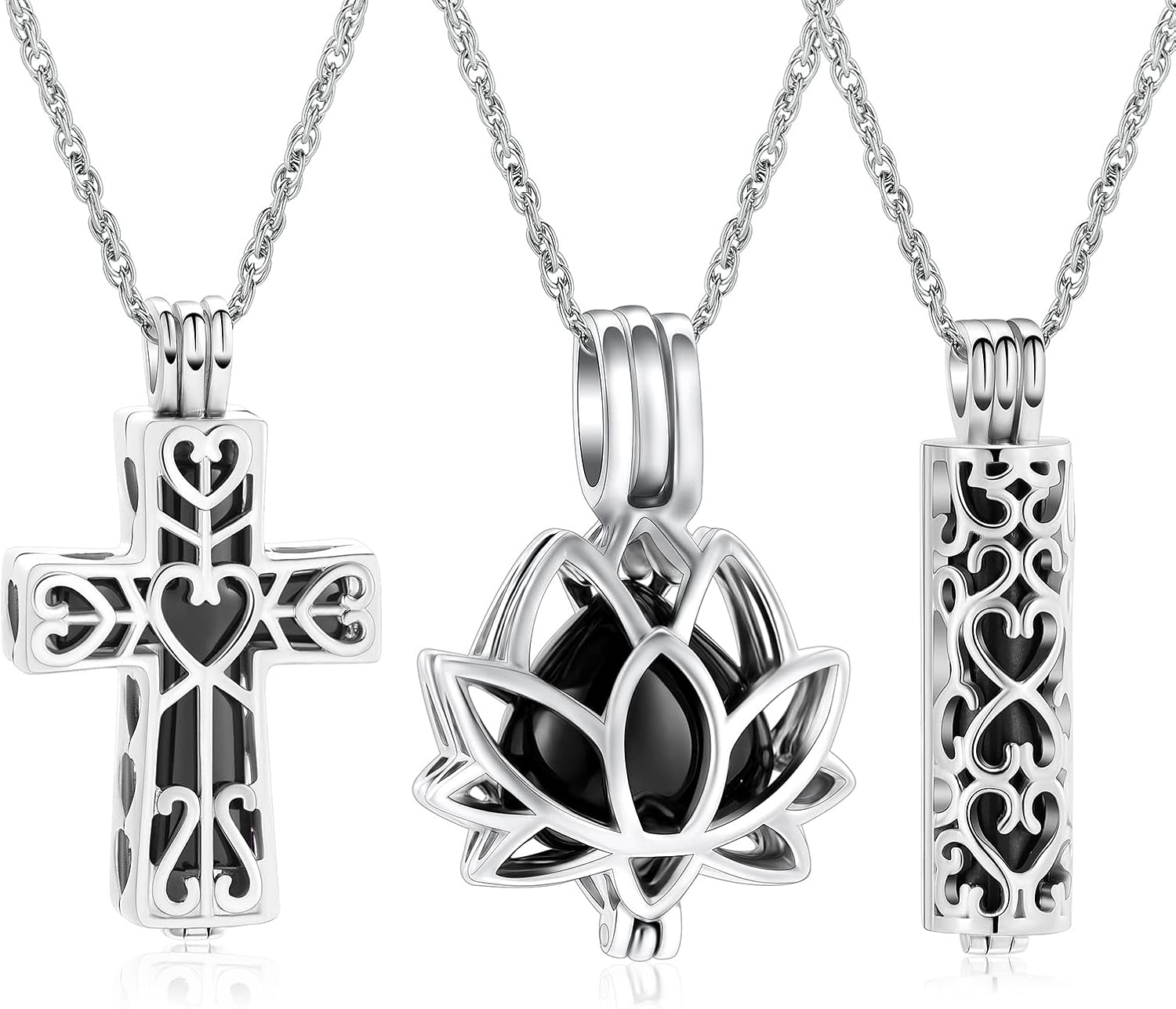 shajwo 3 Pack Cremation Urn Necklace for Ashes for Women Men Heart Lotus Cross Cylinder Cremation Jewelry for Ashes Loved One Memorial Keepsake Pendant