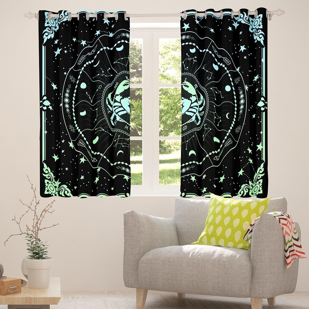 Erosebridal Cancer Curtain Twelve Constellations Zodiac 38" Wx45 L 2 Panels Window Curtain,Trippy Astrology Window Treatments Galaxy Glitter Stars Curtains & Drapes