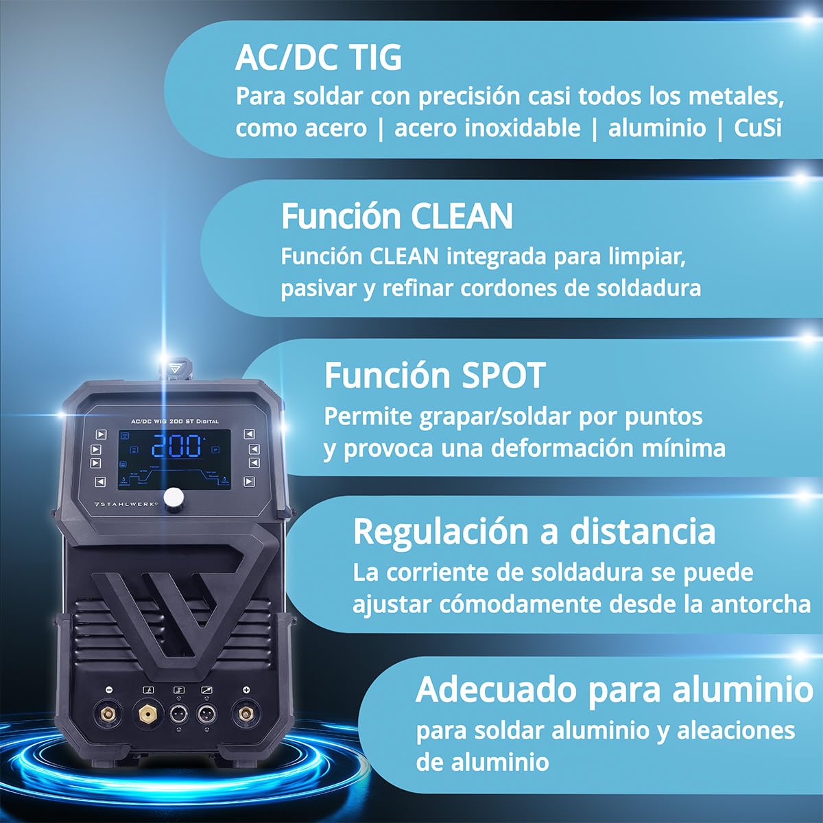 STAHLWERK Soldador combinado 3 en 1 AC/DC TIG 200 ST Digital – Equipo completo – Máquina de soldar TIG & MMA (Electrodo), modo Clean para limpieza electroquímica de soldaduras de acero inoxidable