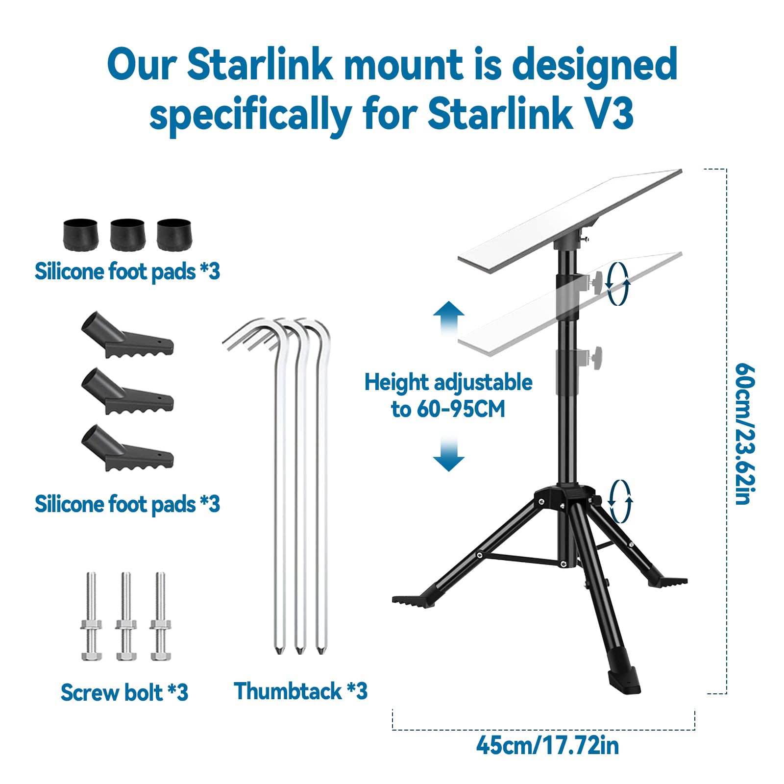 Starlink Mount Gen 3 Treppiede Stand, kit di montaggio Starlink portatile per Starlink Gen 3 con asta telescopica da 60-95 cm e adattatore per tubo per Starlink Gen 3 Mount per campeggio RV viaggi
