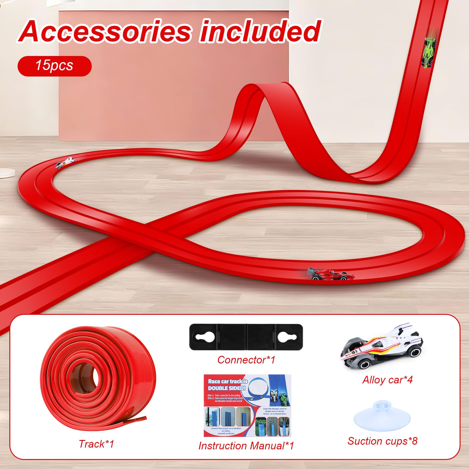 Tahbarshi Flexible Car Track Toy 5m Includes 4 Cars, Speed Track for Indoor Outdoor Play Rolls Up Portable Dual Race Track - Image 2