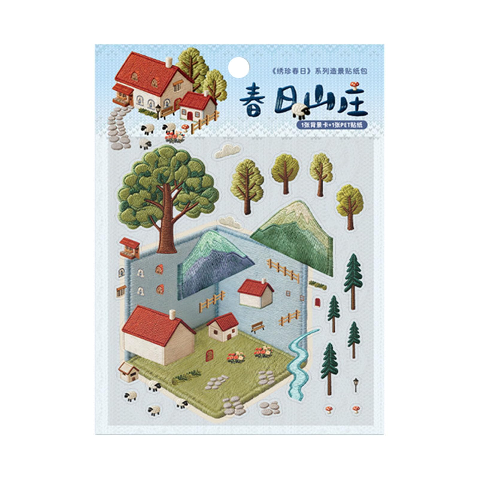 of 4 Delicate Embroidery Texture Scenic Stickers Ideal for Journaling Projects and Birthday Gifts Camping Scene
