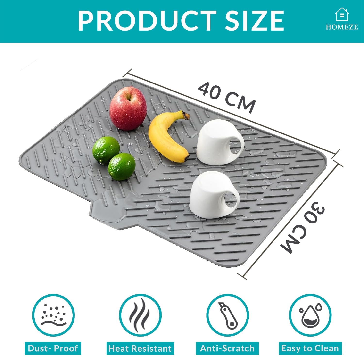 Homeze Tappetino scolapiatti da cucina in silicone, misura media, 40 x 30 cm, vassoio portaoggetti integrato per utensili, sottopentola resistente al calore, protegge i controsoffitti, previene