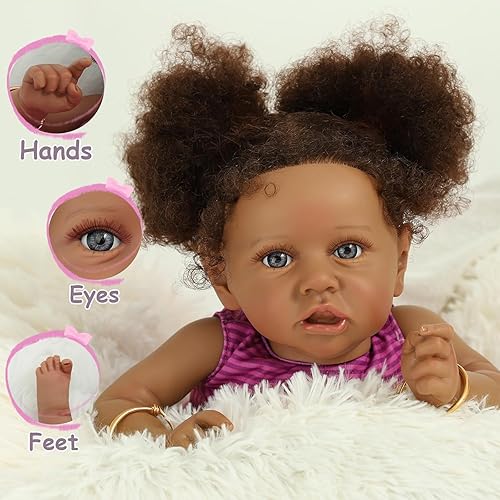 Miniatura 3 de Muñecas Reborn de Bebé Niña Negra, Muñeca de Bebé Realista de 22" Muñeca Recién Nacida Afroamericana Realista Bebe Caramel Como de la Vida Real con