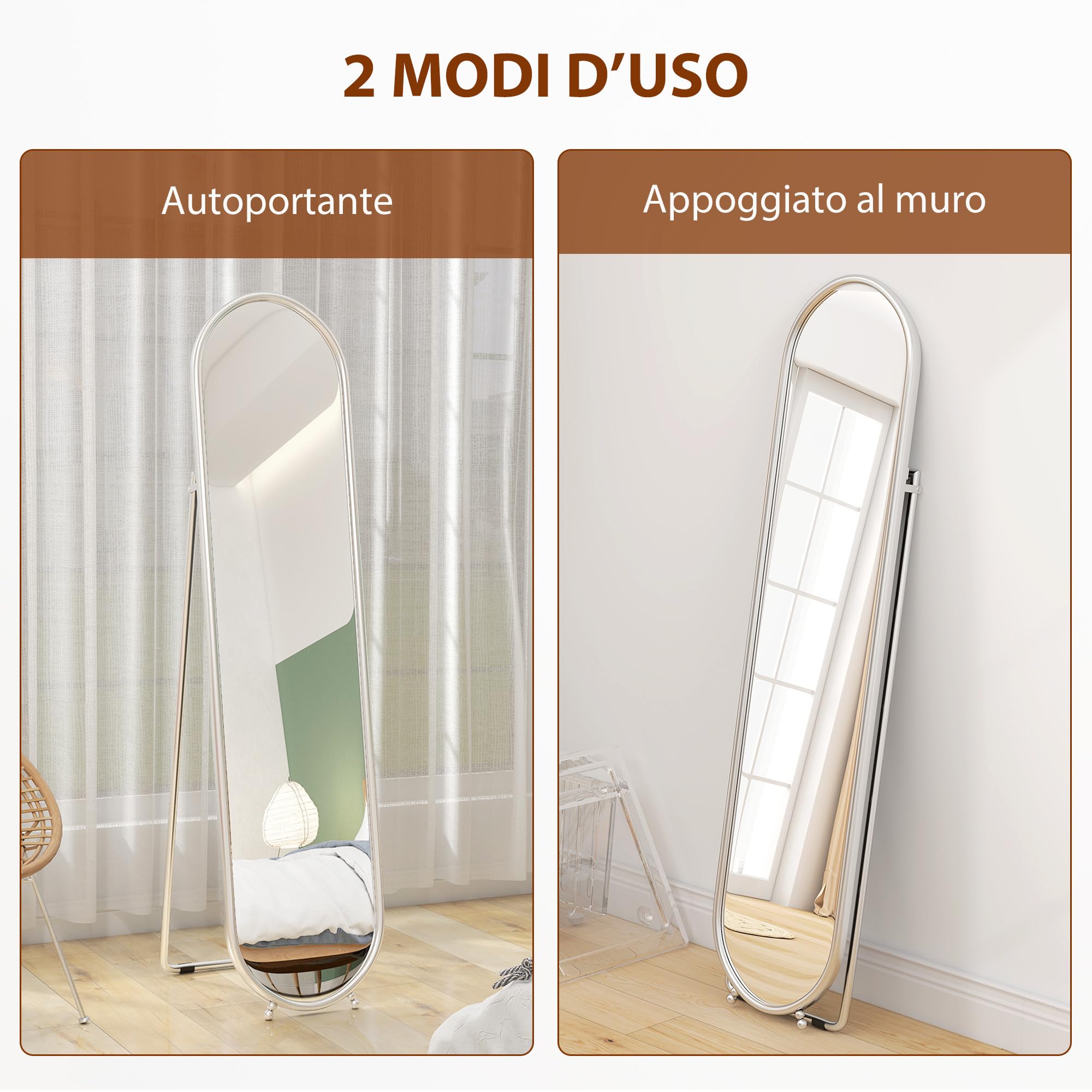 HOMCOM Specchio da Terra Ovale Moderno, 40x160 cm Specchio Autoportante a Figura Intera Antiscoppio con Cornice in Metallo e Supporto, per Camera da Letto, Soggiorno e Ingresso, Argento