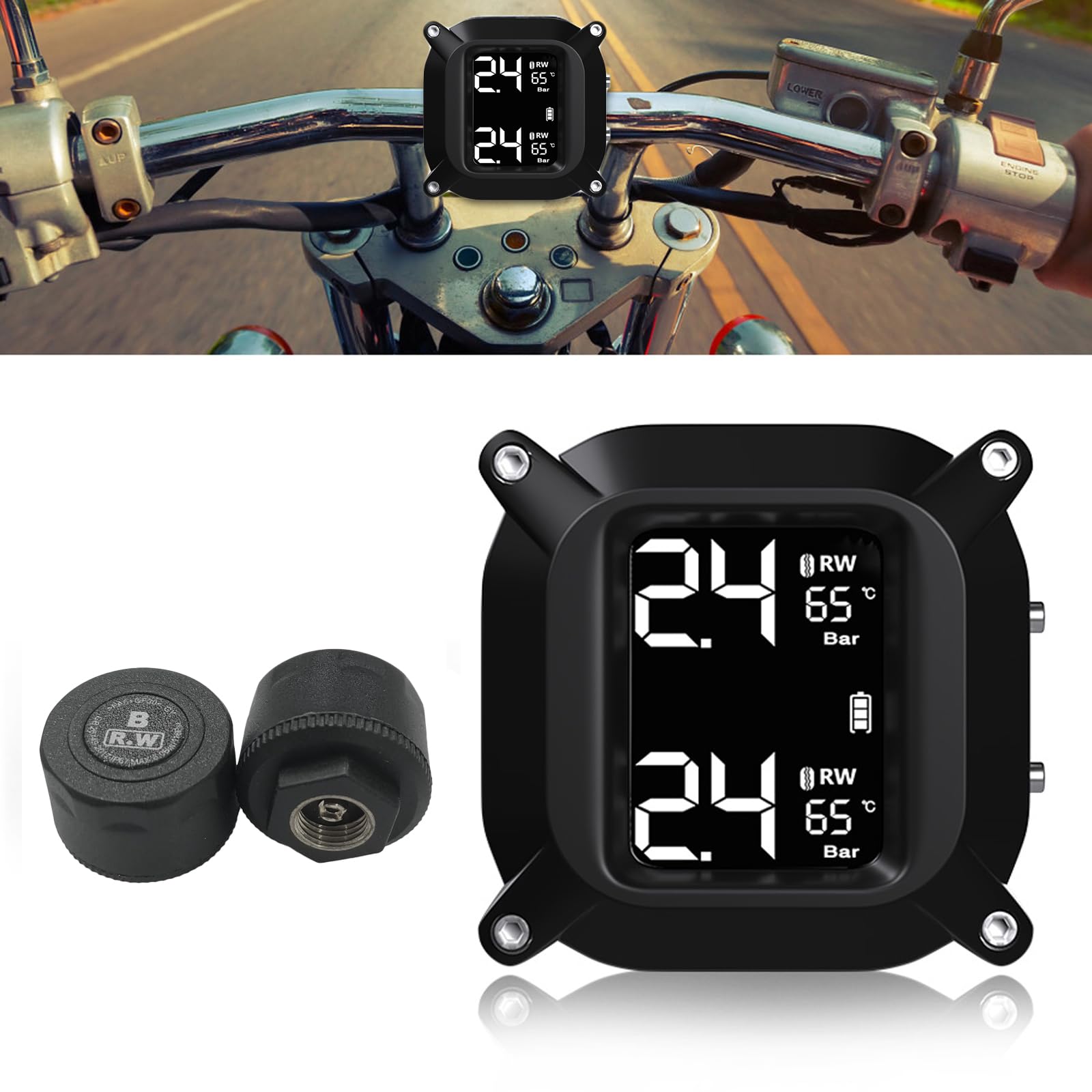 EOHMAK Motorcycle TPMS Wireless Tire Pressure Monitoring System with 2 External Sensors LCD Display Motorbike Tyre Temperature Alarm for Two-Wheeled