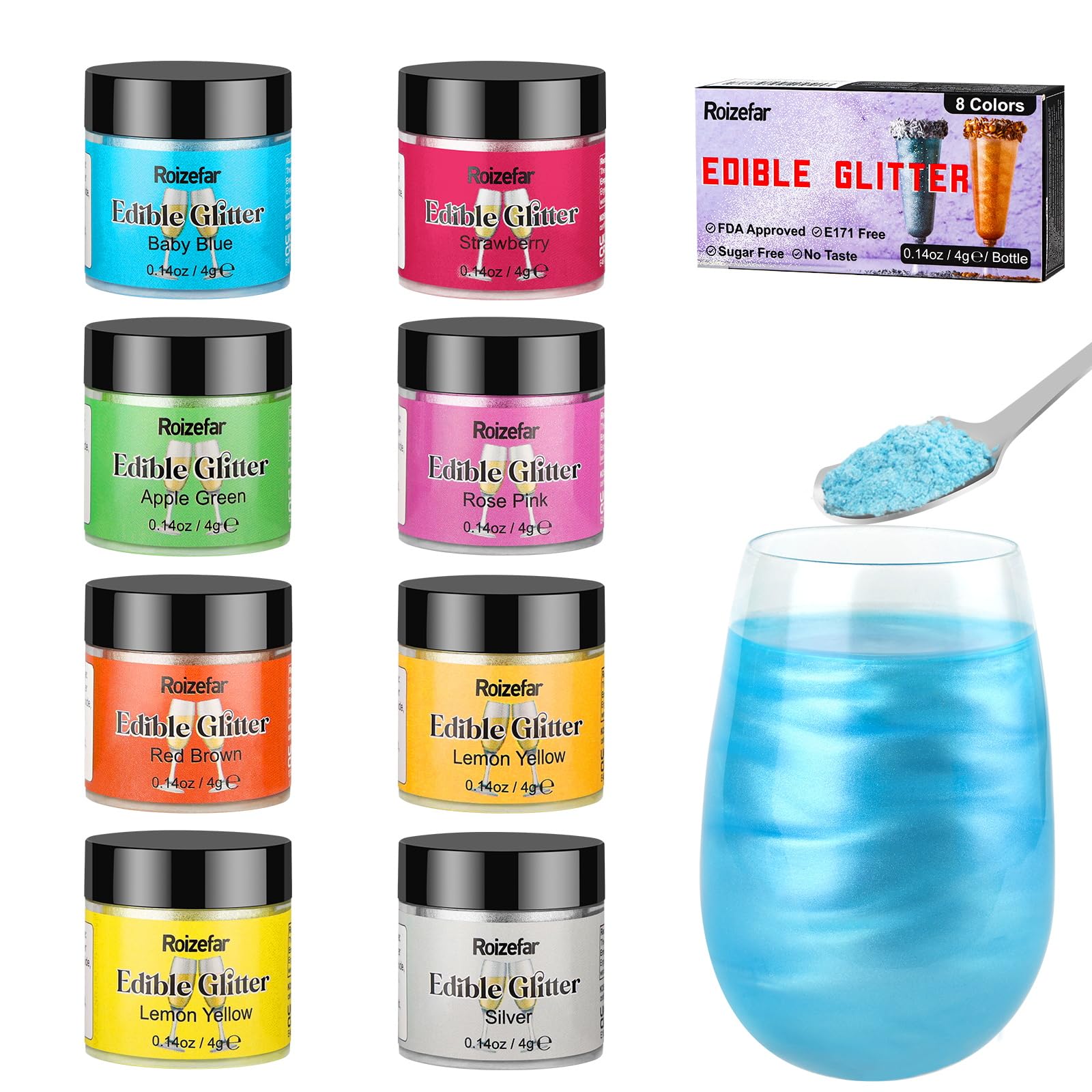 Roizefar Essbares Glitzer Set, 8 Farben geschmacklos essbare Glitzerpulver, Glitzers Essbar für Torte/Glitzer Essbar Getränke für Ostern, Weihnachten, Oktoberfest Party, Champagner, Cocktails. 4g/Dose