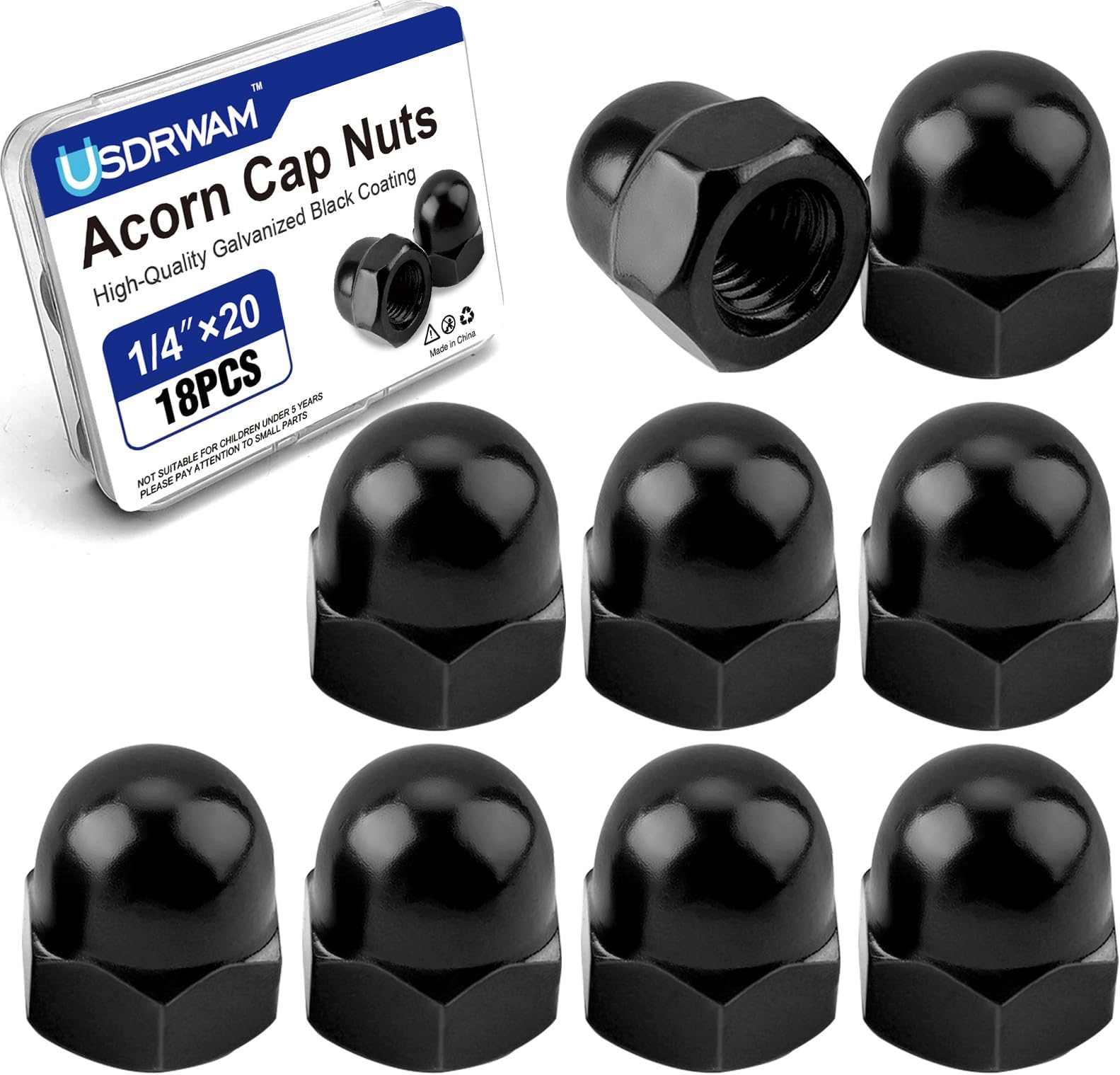 18Pcs 1/4"-20 Acorn Cap Nuts, Zinc Plating-Black Hex Head Acorn Cap Nuts, Stainless Steel 18-8 (304) Hexagon Dome for Indoor Outdoor