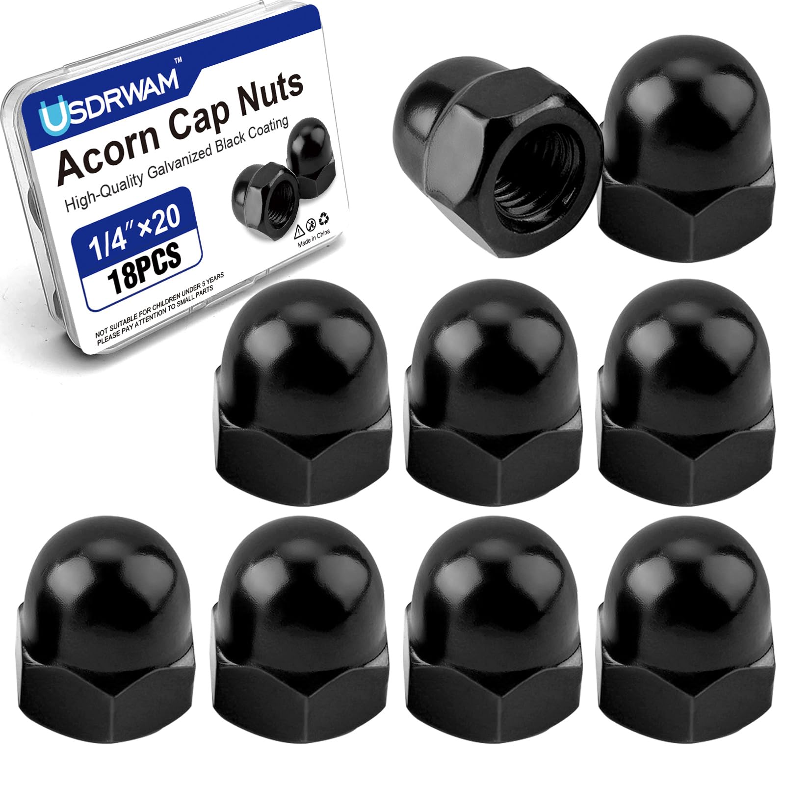 18Pcs 1/4"-20 Acorn Cap Nuts, Zinc Plating-Black Hex Head Acorn Cap Nuts, Stainless Steel 18-8 (304) Hexagon Dome for Indoor Outdoor