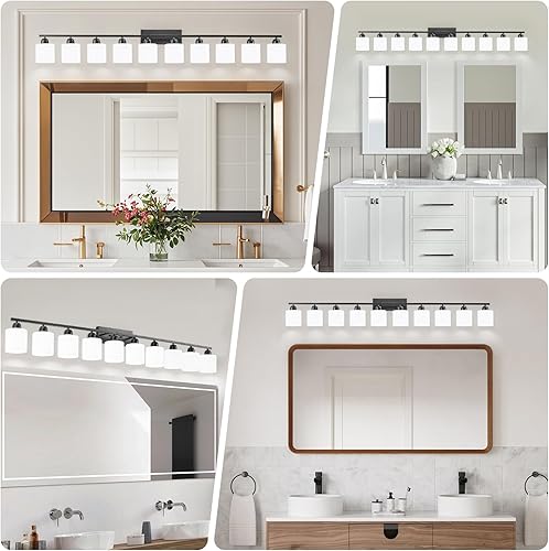 Miniatura 3 de 10 luces negras claras para espejo gigante, luces de tocador de baño sobre espejo con pantallas de vidrio esmerilado blanco lechoso, lámpara de baño