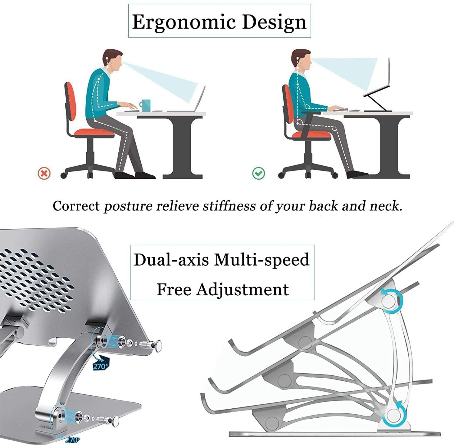 Podstawka do laptopa Podstawka na biurko Wentylowany aluminiowy uchwyt na biurko Regulowany stojak na laptopa z antypoślizgowym silikonem Składany Ergonomiczny do biblioteki Biurowa kawiarnia, przenoś
