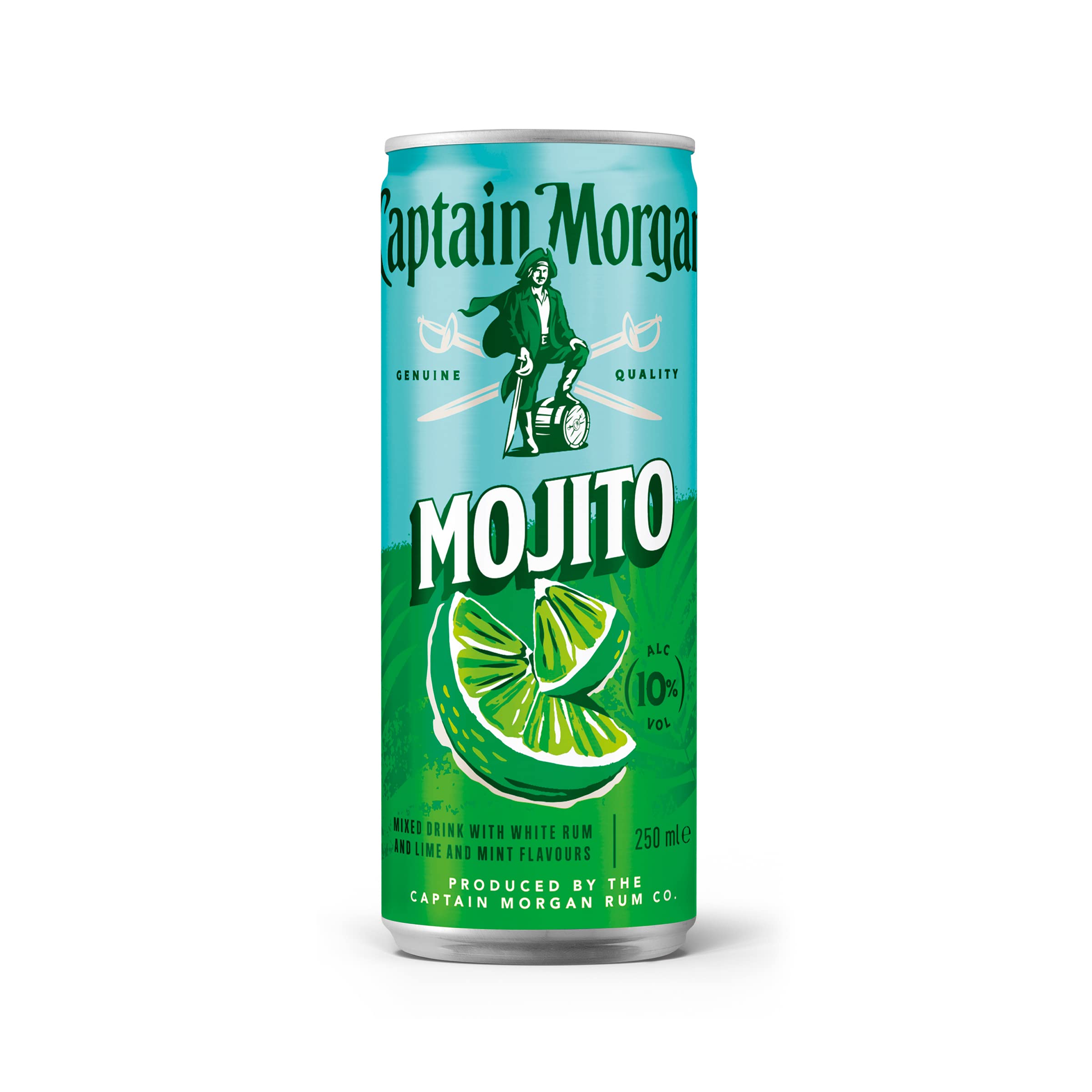 Captain Morgan White Rum Mojito, Erfrischendes Mixgetränk mit 10 Prozent Alkohol, 12 Dosen x 250 ml (EINWEG Verpackung), Weißer Rum mit Limetten- und Minzgeschmack für unterwegs