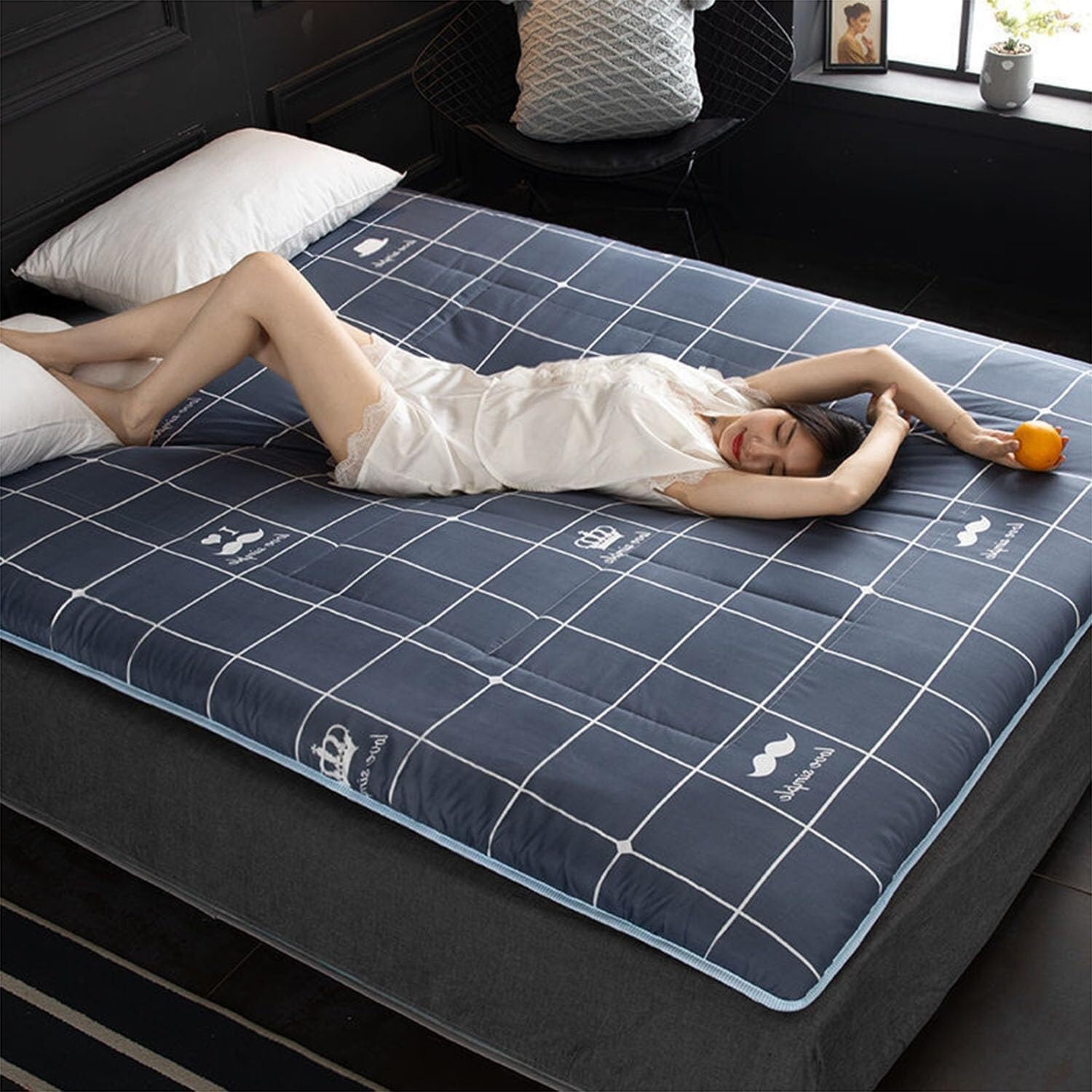 Colchón Plegable Japonés Tapete De Futón Doble, Colchón De Piso Japonés - Colchón Grueso Enrollado para Invitados, Antideslizante Y Transpirable, Adecuado para Dormitorios En Casa, Negro, 90x200cm