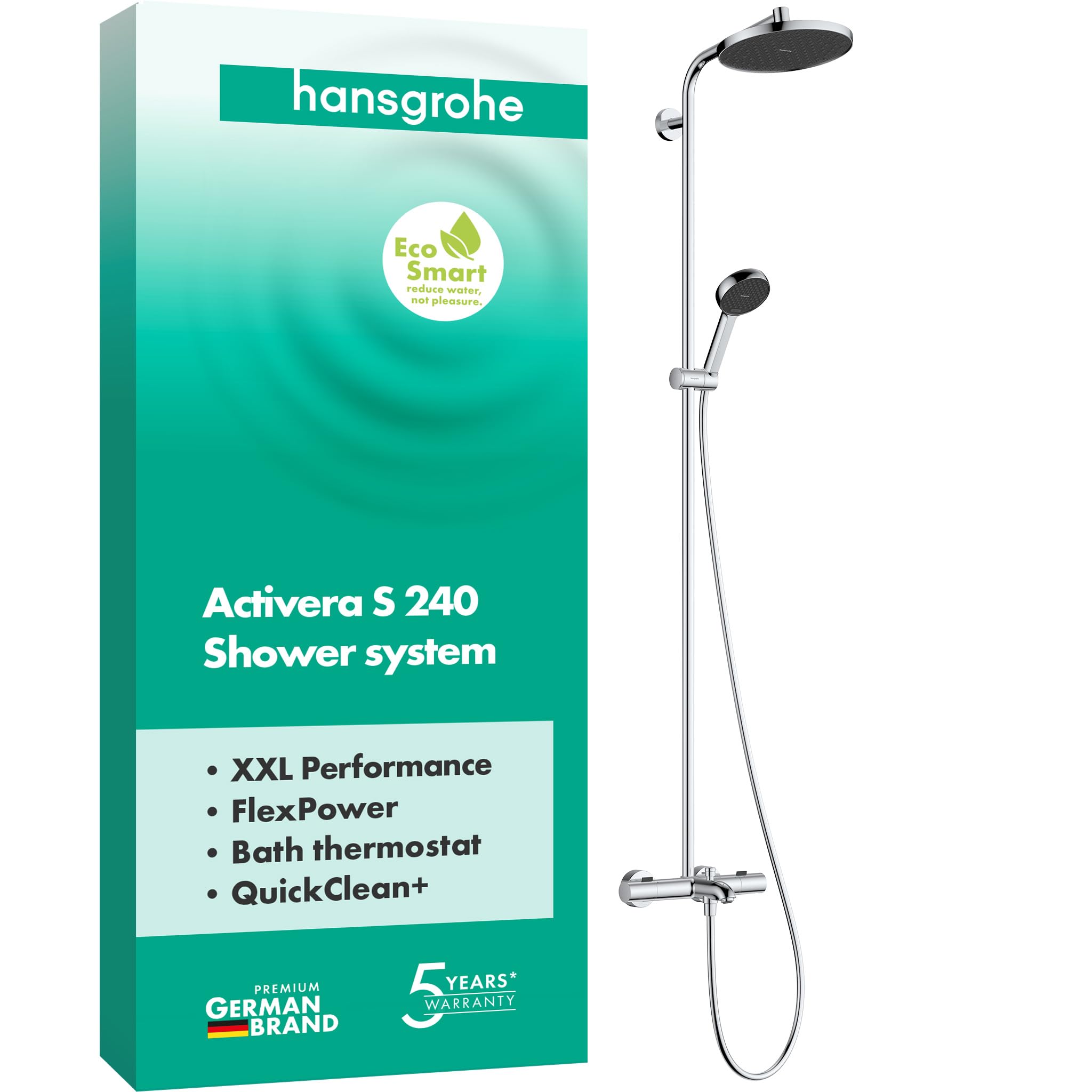 Hansgrohe Chrome Activera S - Water-Saving Shower System (Ecosmart) With Bath Thermostat, Rainfall Shower Head (240 Mm), Hand Shower (2 Sprays), Shower Hose, Shower Rail And Head Shower, 28871000