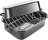 QPMR 21-Inch Granite Roasting Pan with V-Rack & Lid - 25lb Turkey Capacity, Stainless Steel Roaster for Even Juicy Roasts