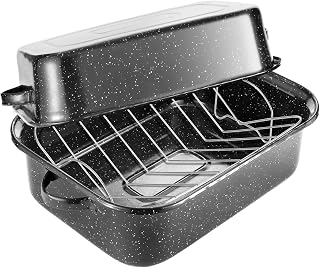 QPMR 21-Inch Granite Roasting Pan with V-Rack & Lid - 25lb Turkey Capacity, Stainless Steel Roaster for Even Juicy Roasts