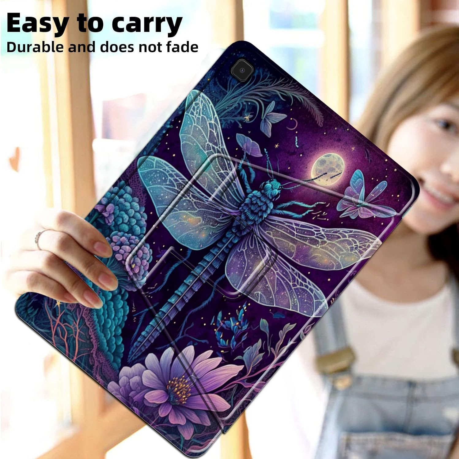 Case for Samsung Galaxy Tab S6 Lite 10.4 inch 2022/2020,Multi-Angle Viewing 360 Degree Rotating Stand Smart Fold Cover for Galaxy Tab S6 Lite Model(SM-P610/P613/P615/P619),Dragonfly in Moon