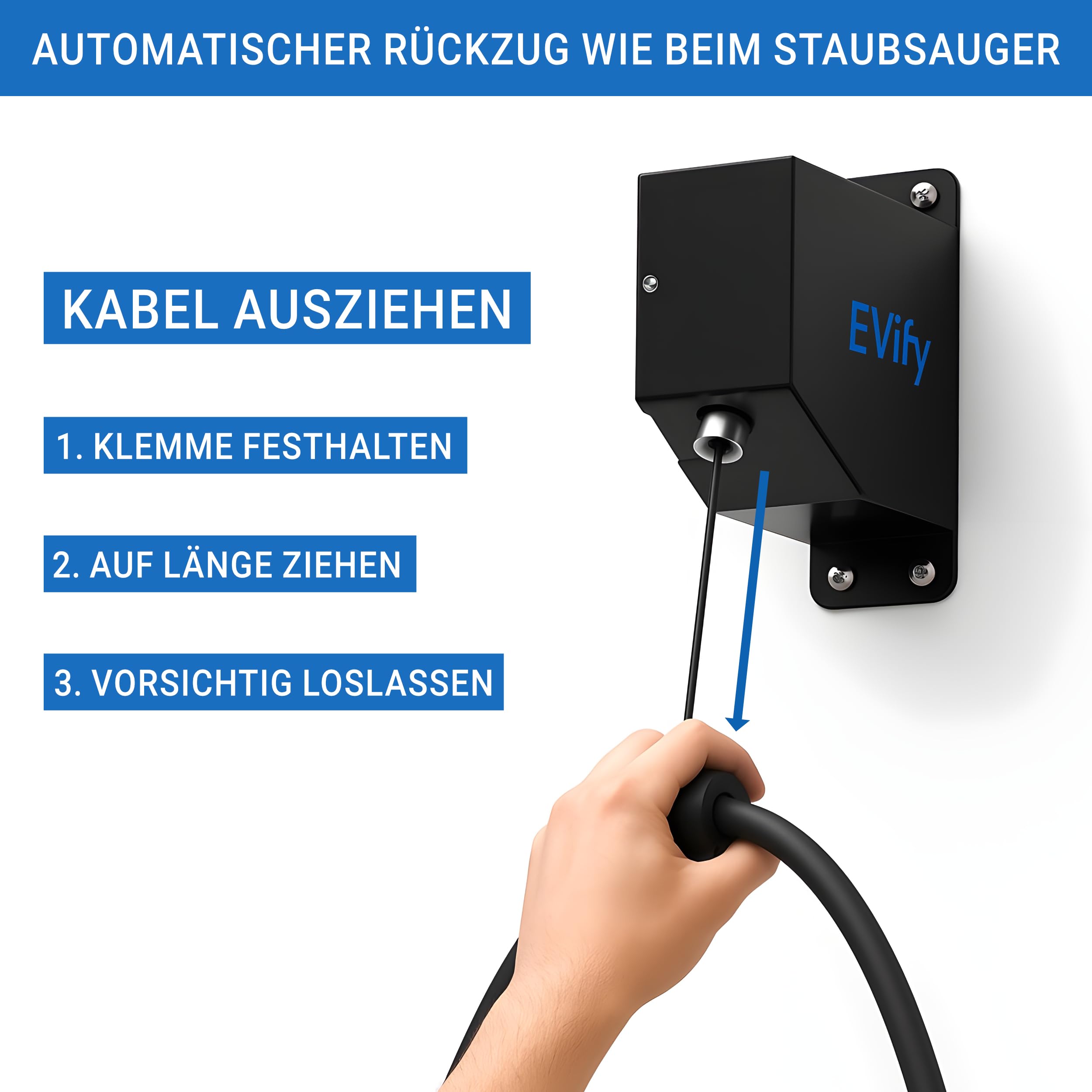 Automatycznie chowany uchwyt na kabel Wallbox EVify • Uchwyt na kabel ładujący typu 2 do montażu na ścianie • Uchwyt na kabel ładujący typu 2 ze stalową obudową •