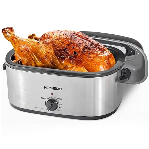 22 Quart Roaster Oven, Electric Turkey Roaster with Self-Basting Lid Design, Large Stainless Steel Electric Turkey Roaster Oven Large Roaster with Removable Pan & Rack, Silver