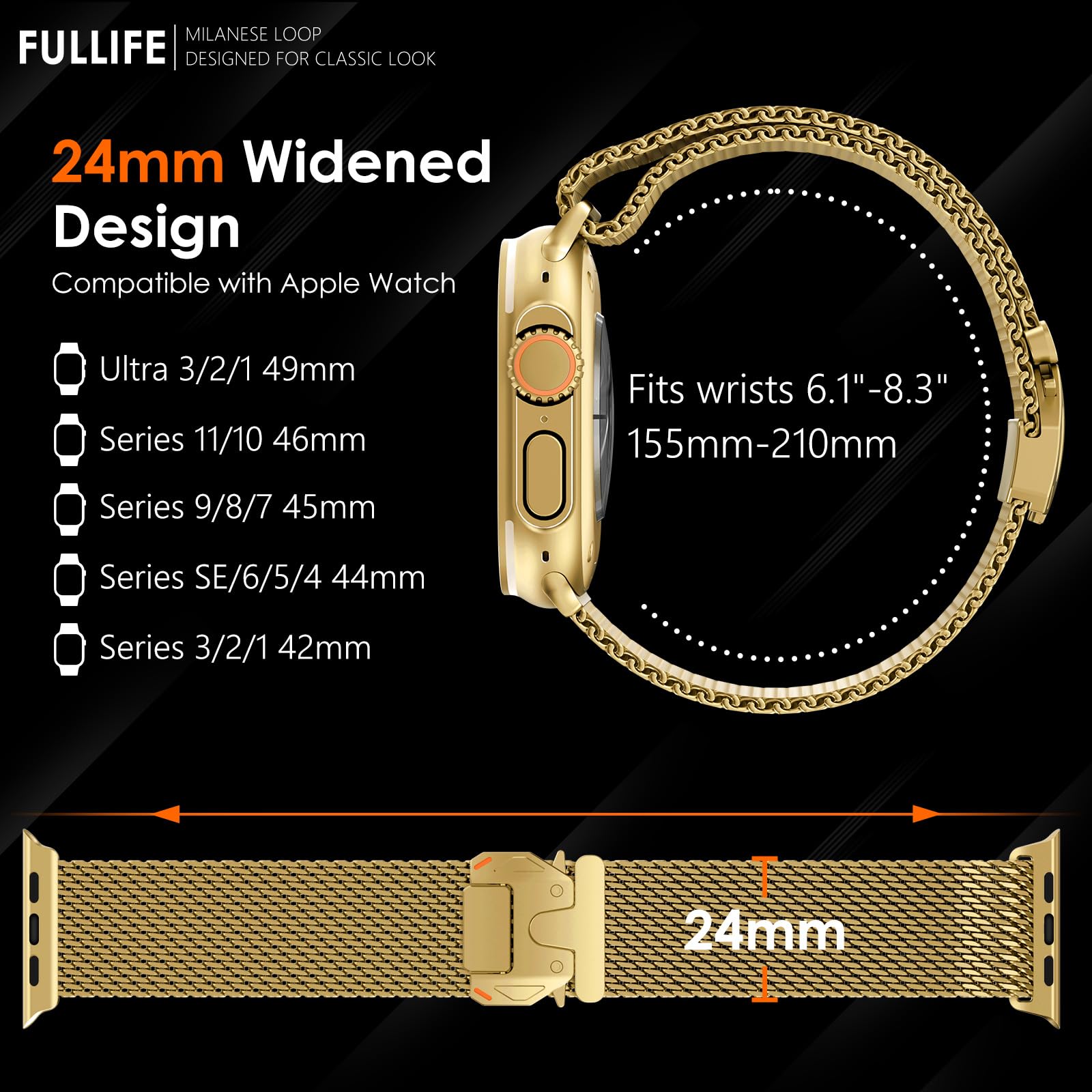 FULLIFE Boucle en maille milanaise pour Apple Watch Bracelet Apple Watch Ultra 3/2/1 49 mm, 46 mm, 45 mm, 44 mm pour homme et femme, bracelet en acier inoxydable avec boucle de style parachute pour