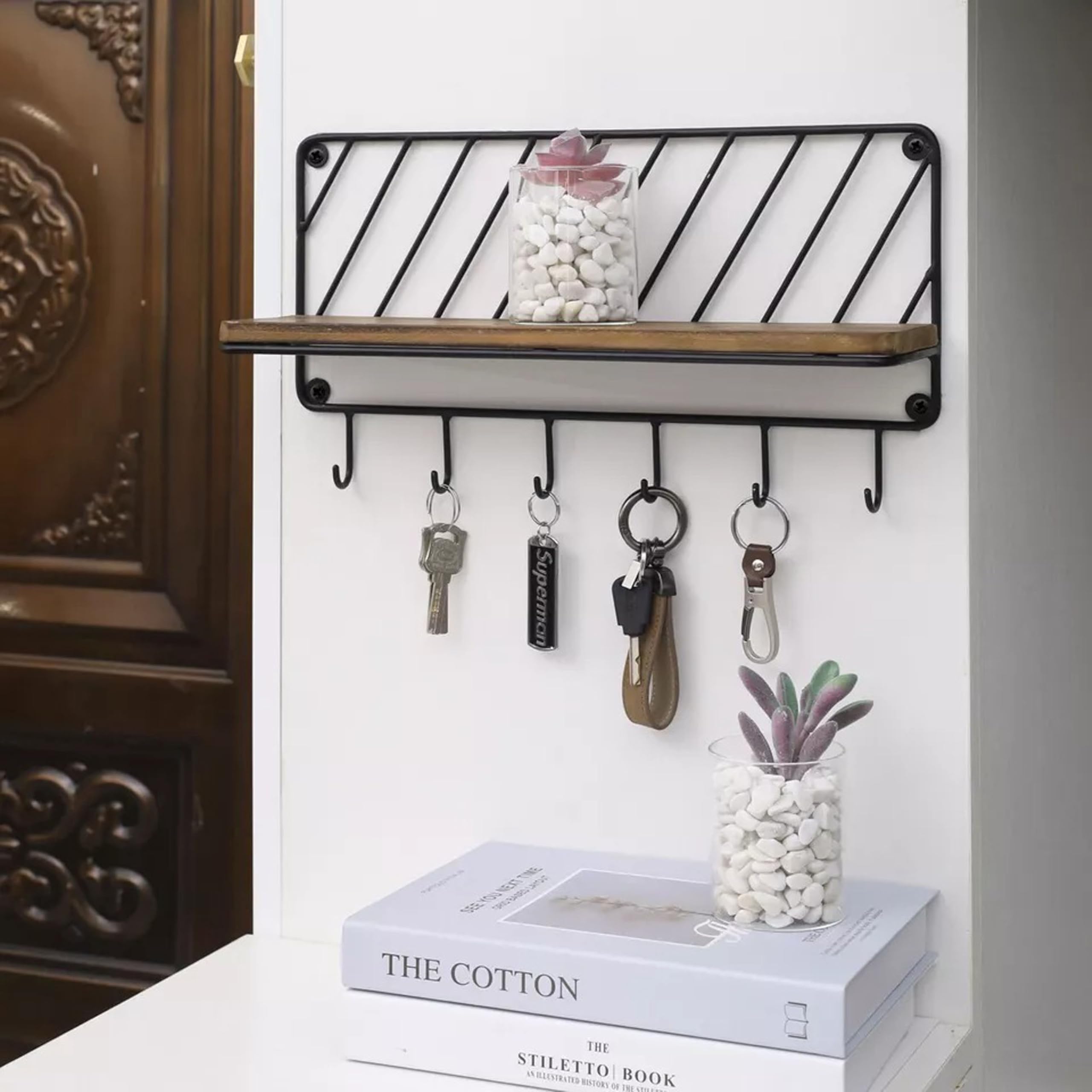 Insight Arts Rustic Burnt Wood Shelf on a Wooden Wall and Matte Black Metal Key Hooks with a Display Shelves-image-49