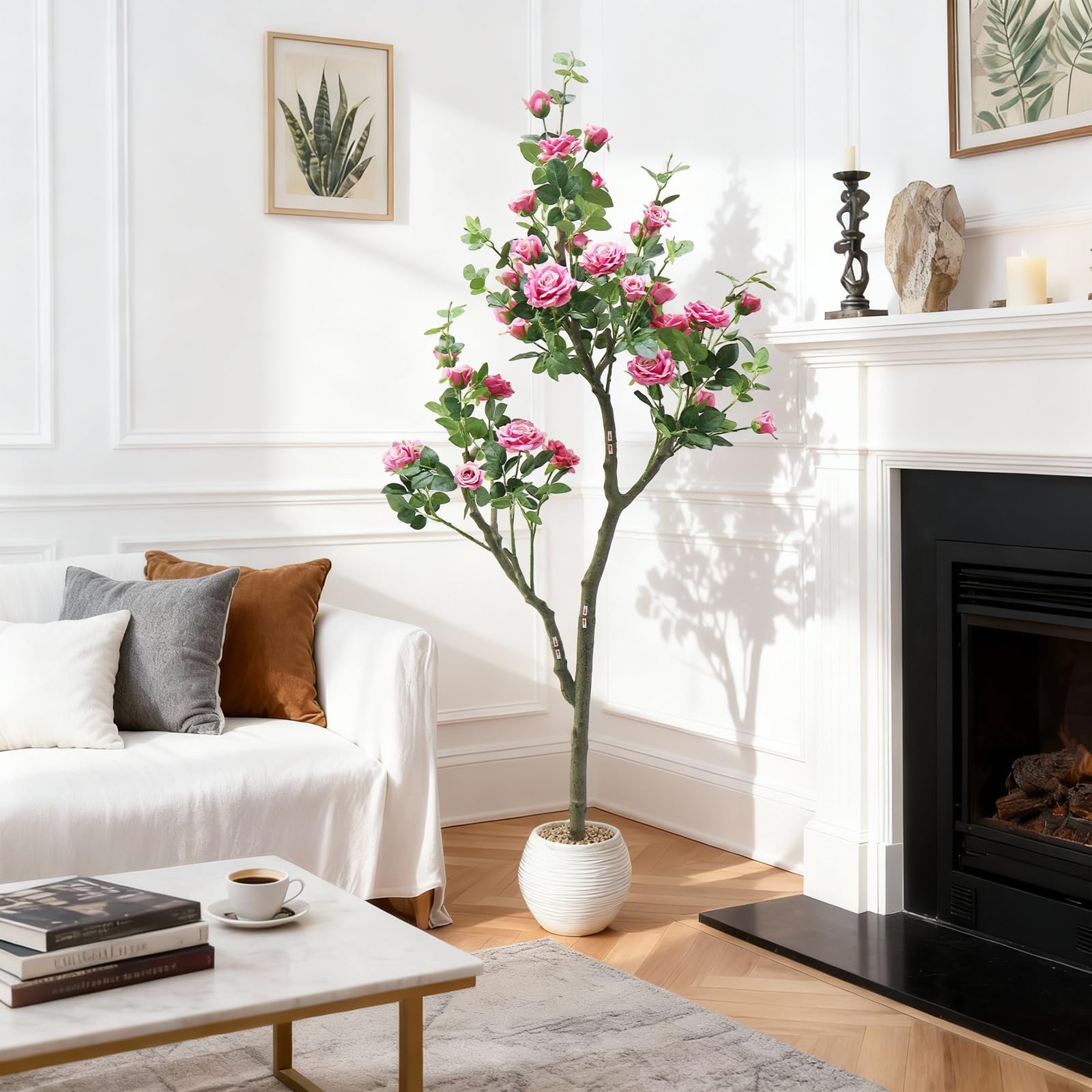 Arbre Artificiel 180 cm avec Pot Blanc Courbé - Faux Jasmin à Fleurs Roses - Décoration Intérieure et Extérieurérieure - Rouille Rosé