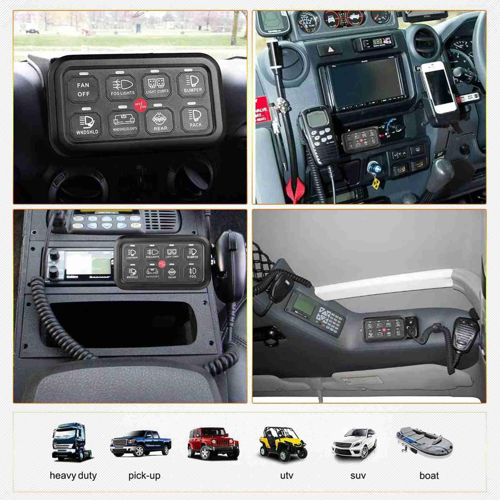 KIMISS Automatyczny ściemnialny Panel Przełączników 8-krotnych ze skrzynką Bezpieczników do łodzi Ciężarowych Off Road Powersport — Sterowanie Chwilowe RGB z Przełącznikiem — Wielofunkcyjne