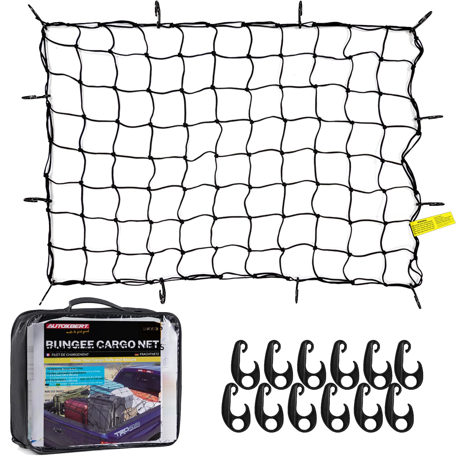 Car Cargo Net, AUTOXBERT 3' x 4' Rack Latex Cargo Net Strech to 6' x 8' Carrier Roof Rack Bungee Mesh Cover with 16 Plastic Hooks for Truck Bed Roof Rack Trailer SUV